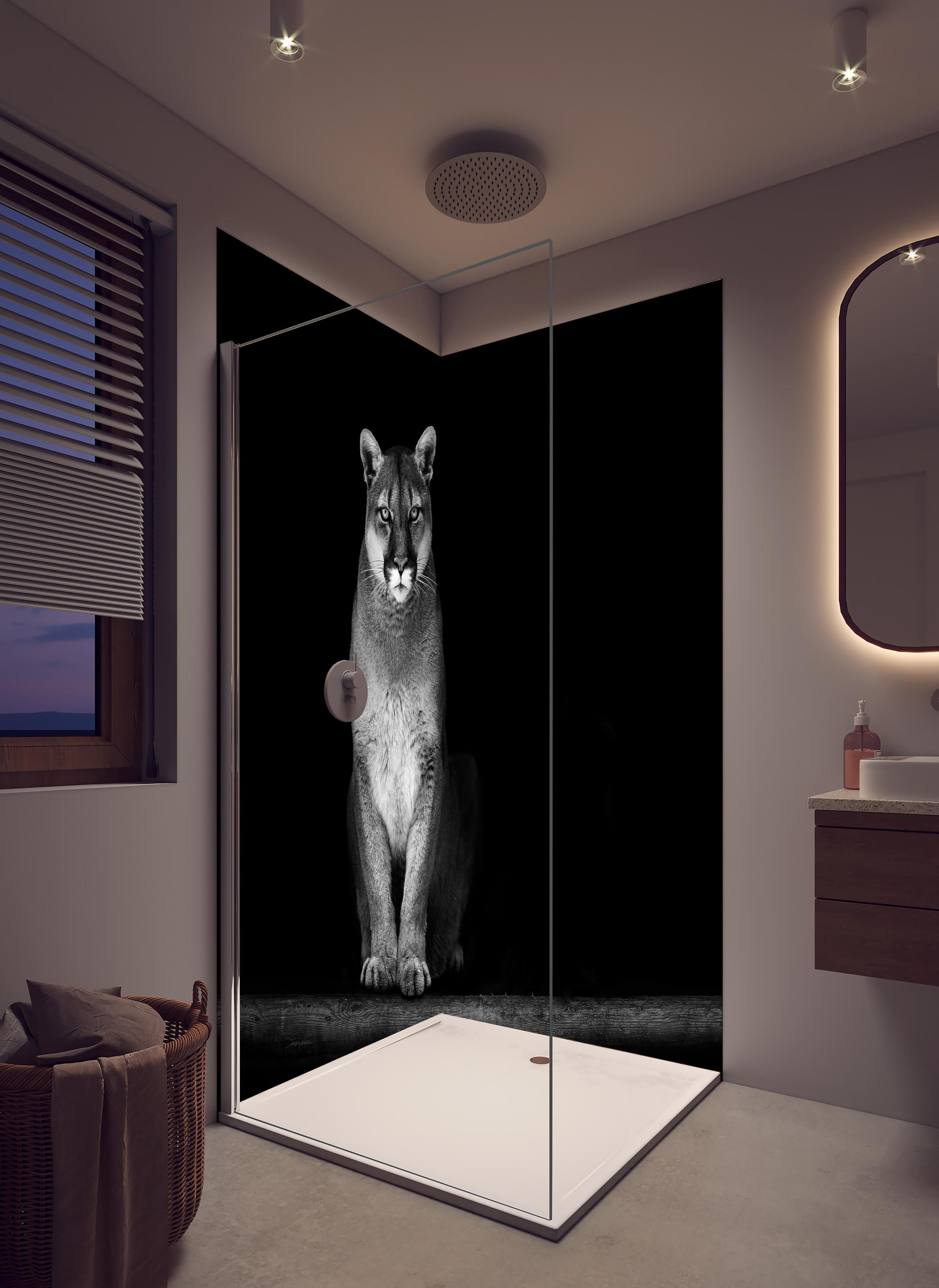 Duschrückwand - Porträt des Bergpumas in hellem Badezimmer mit Regenduschkopf - zweiteilige Eck-Duschrückwand