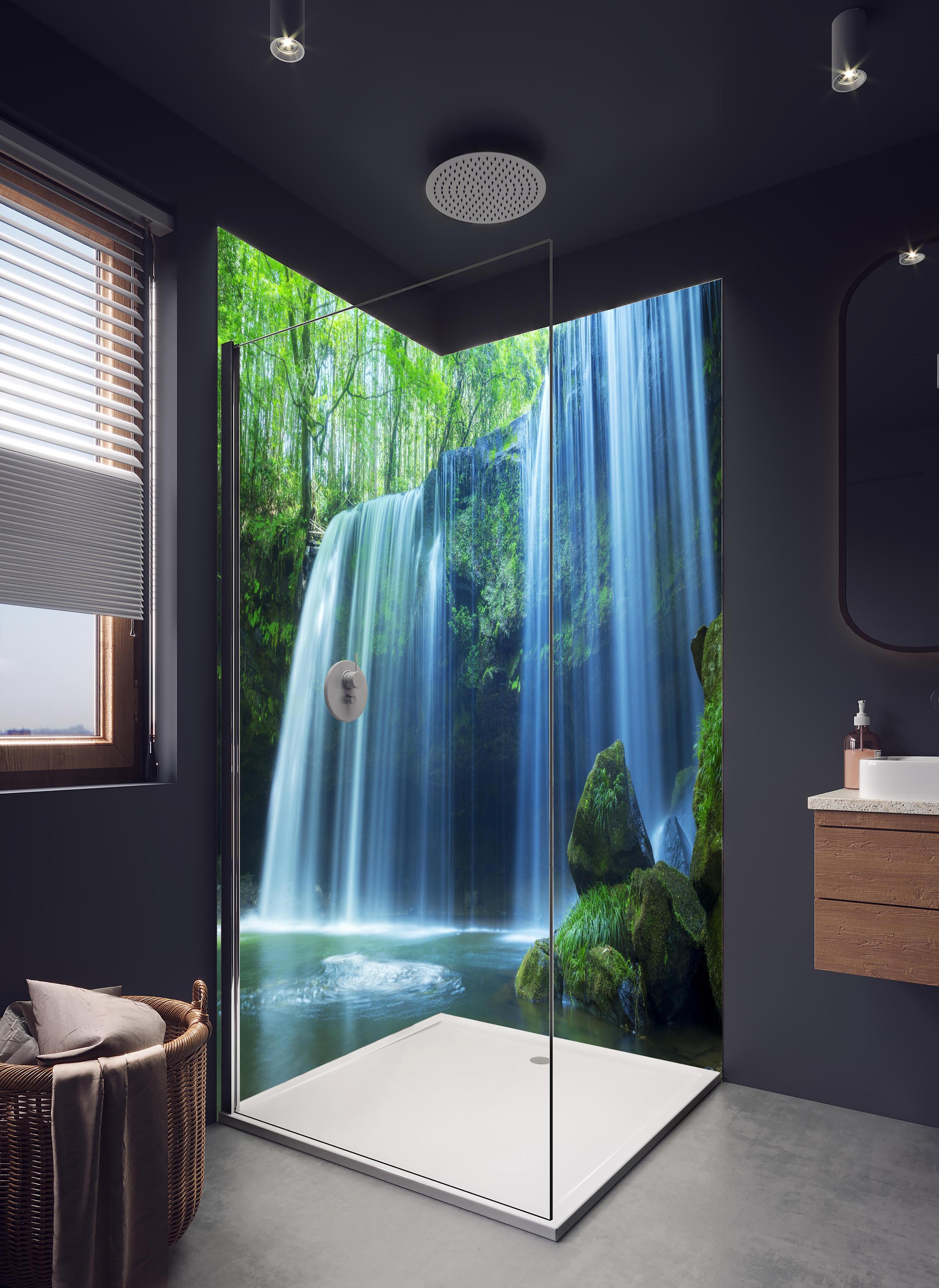 Duschrückwand - Prächtiger Nabigataki-Wasserfall in hellem Badezimmer mit Regenduschkopf - zweiteilige Eck-Duschrückwand