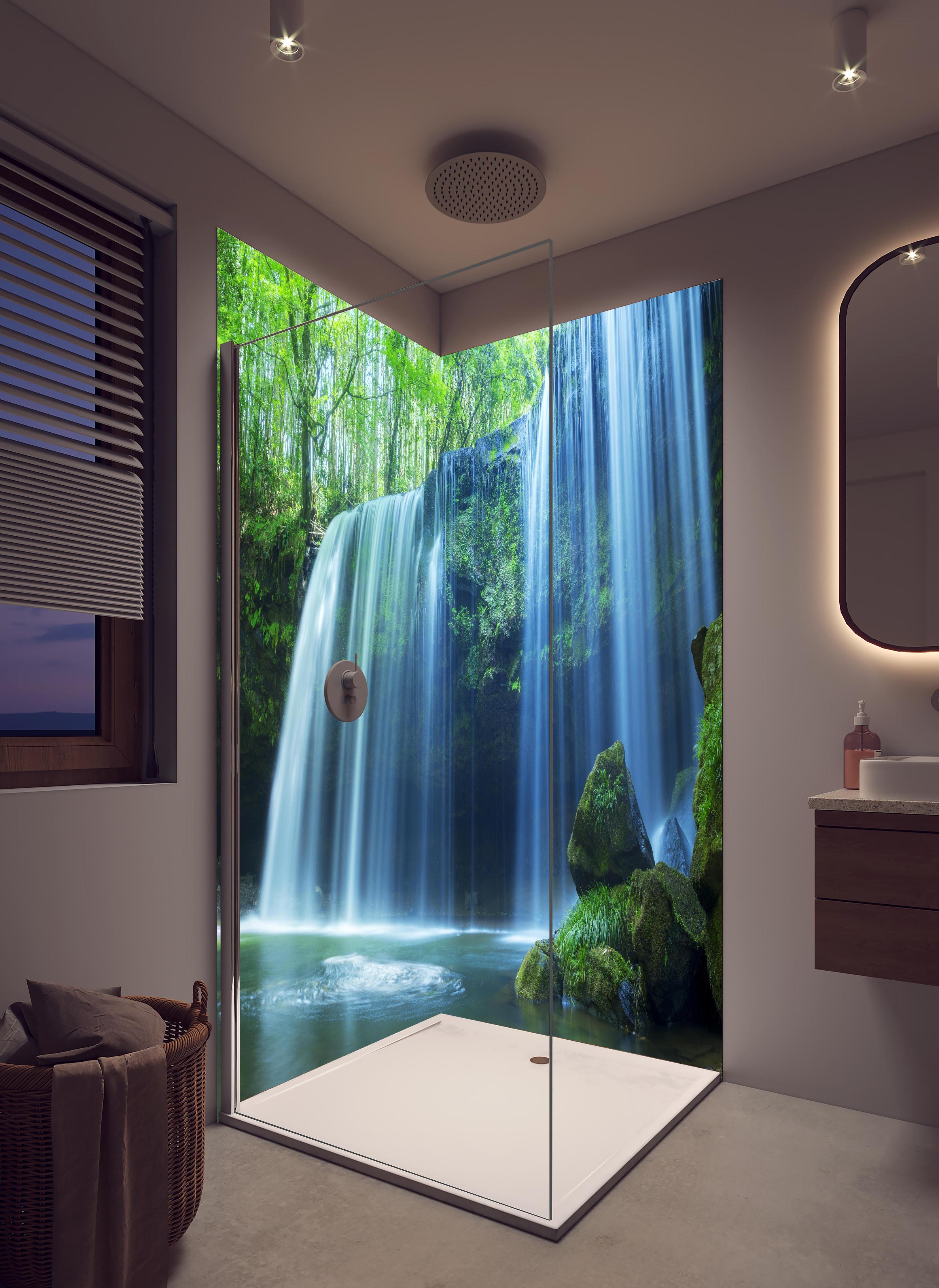 Duschrückwand - Prächtiger Nabigataki-Wasserfall in hellem Badezimmer mit Regenduschkopf - zweiteilige Eck-Duschrückwand