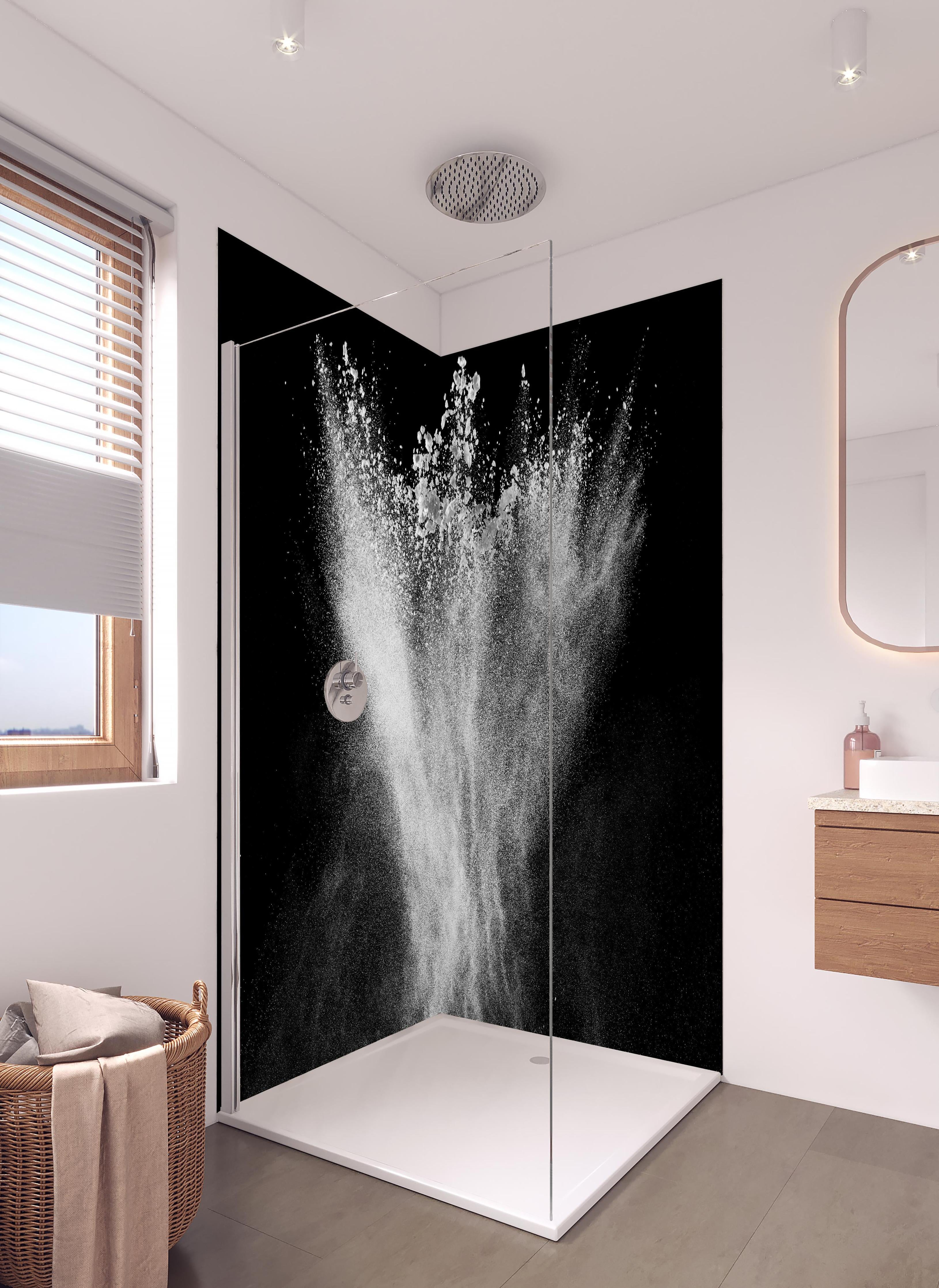 Duschrückwand - Pulver Explosion in hellem Badezimmer mit Regenduschkopf - zweiteilige Eck-Duschrückwand