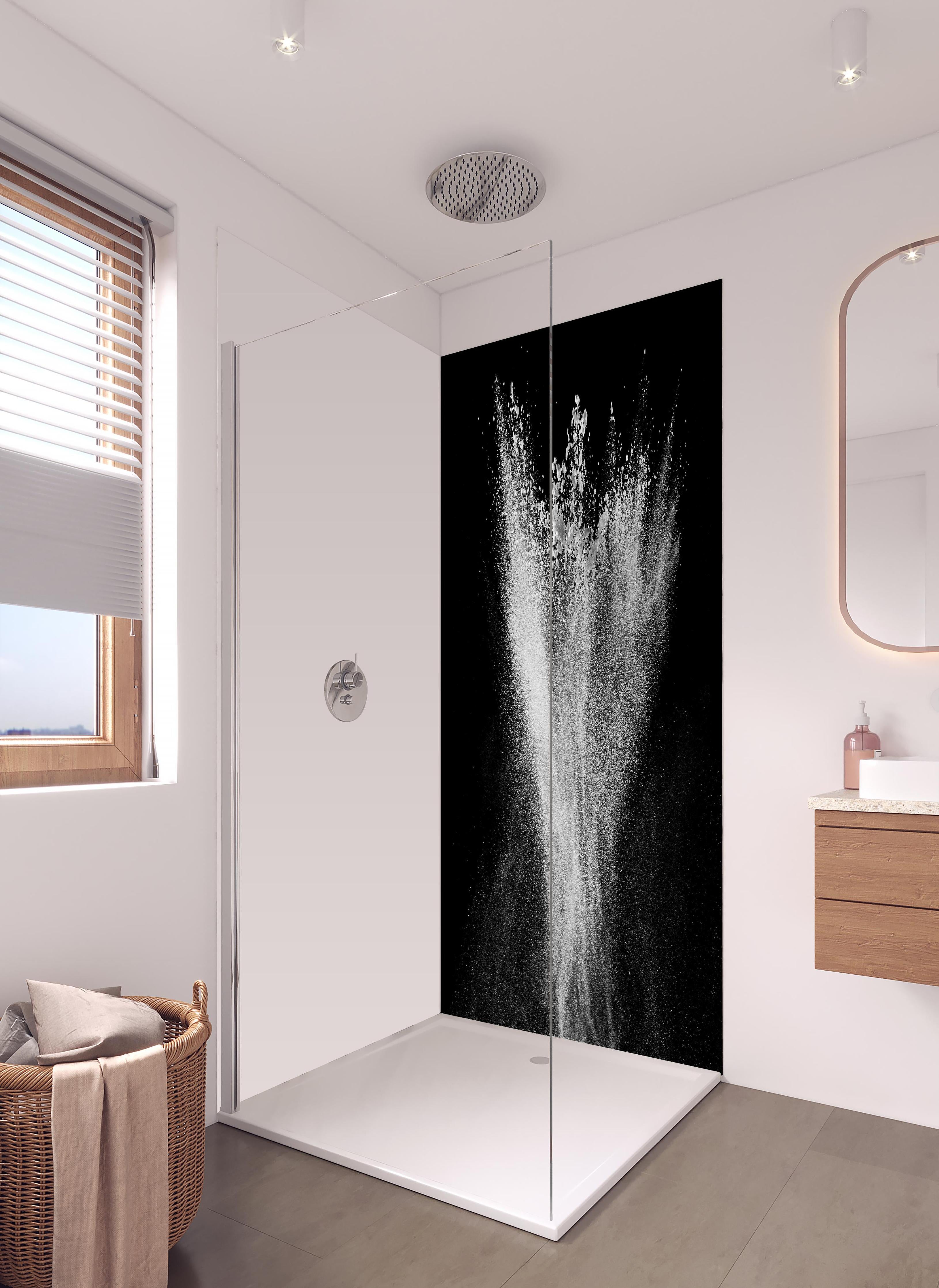 Duschrückwand - Pulver Explosion in hellem Badezimmer mit Regenduschkopf - zweiteilige Eck-Duschrückwand