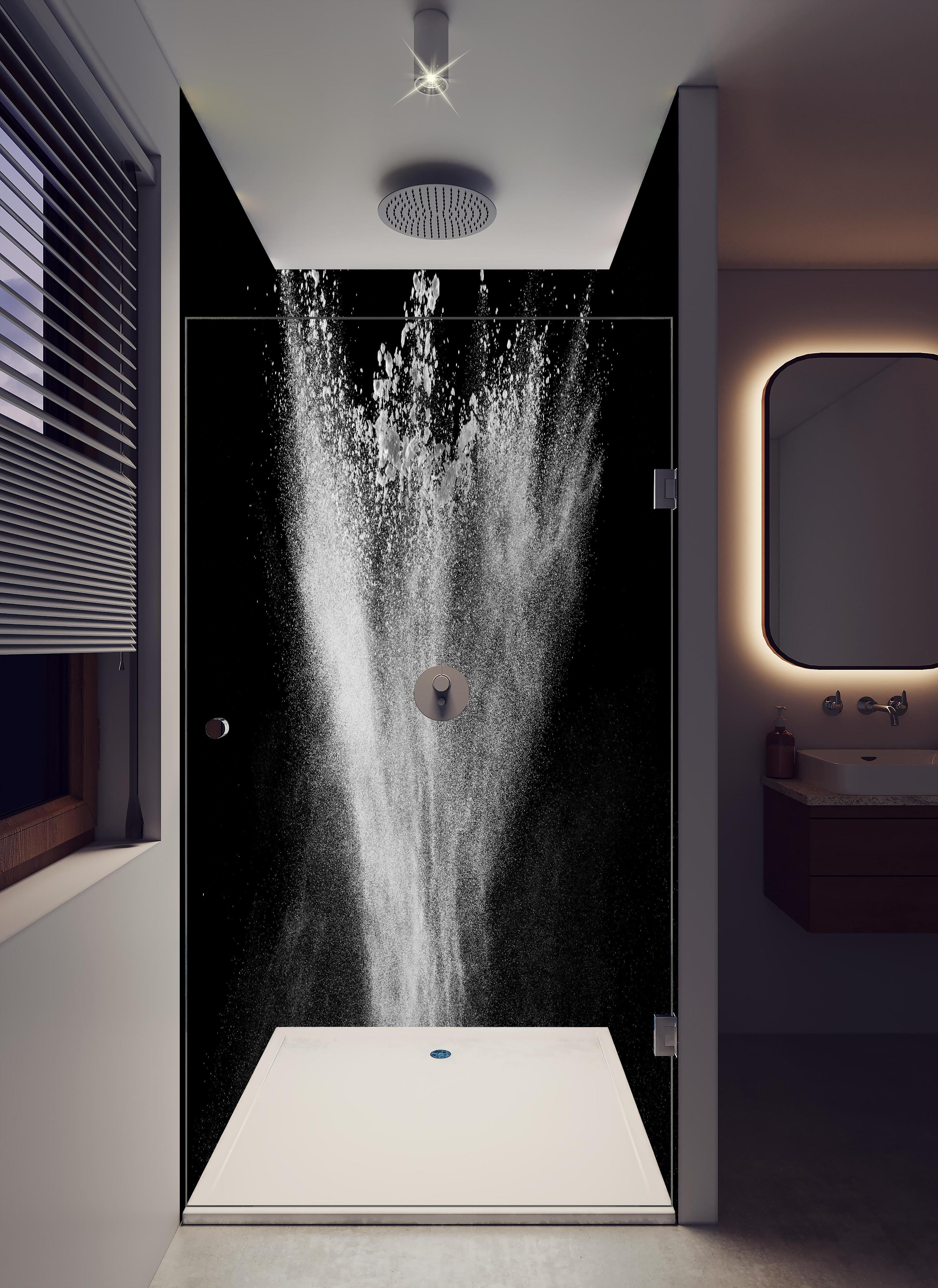 Duschrückwand - Pulver Explosion in hellem Badezimmer mit Regenduschkopf - zweiteilige Eck-Duschrückwand