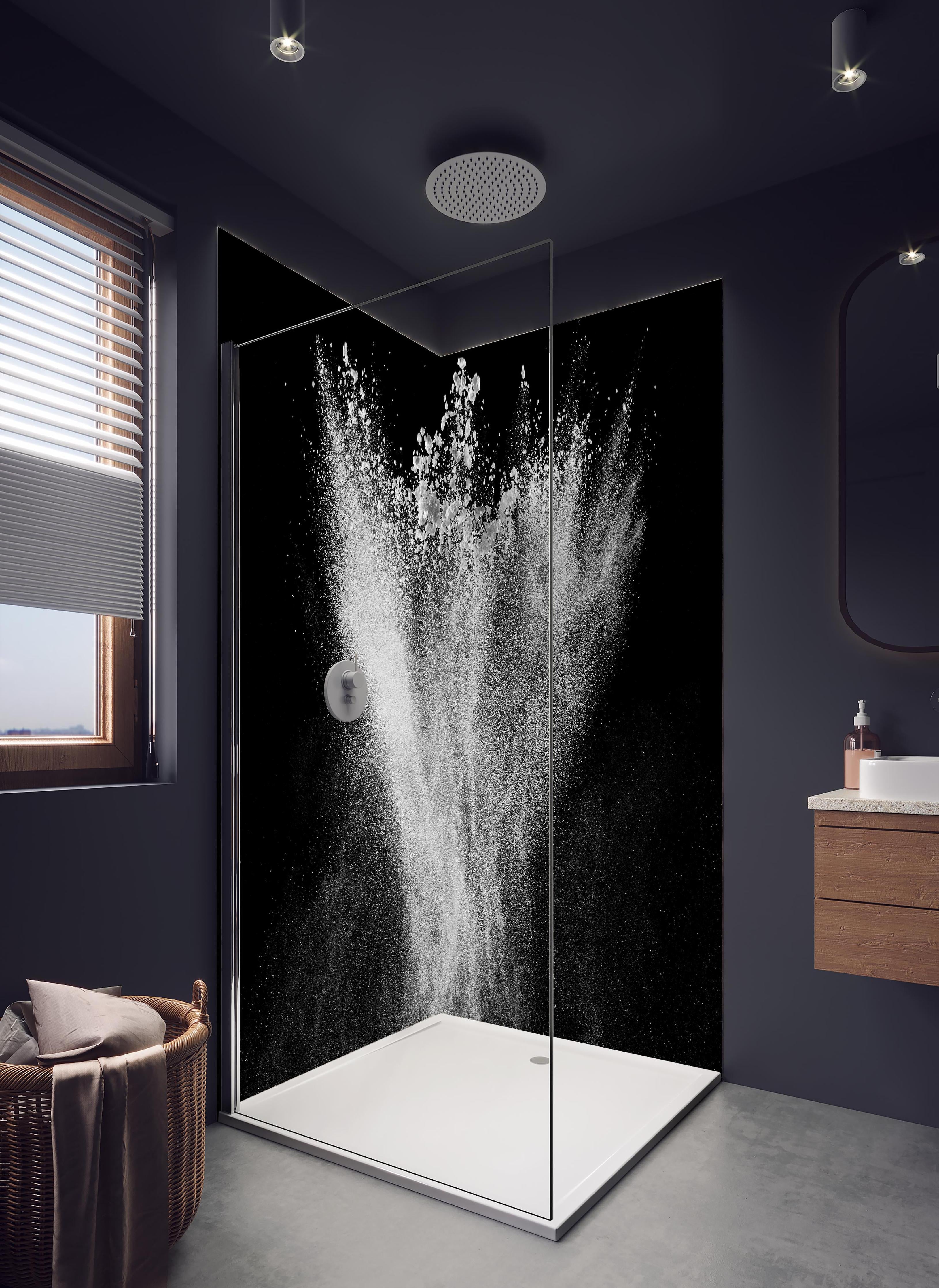 Duschrückwand - Pulver Explosion in hellem Badezimmer mit Regenduschkopf - zweiteilige Eck-Duschrückwand