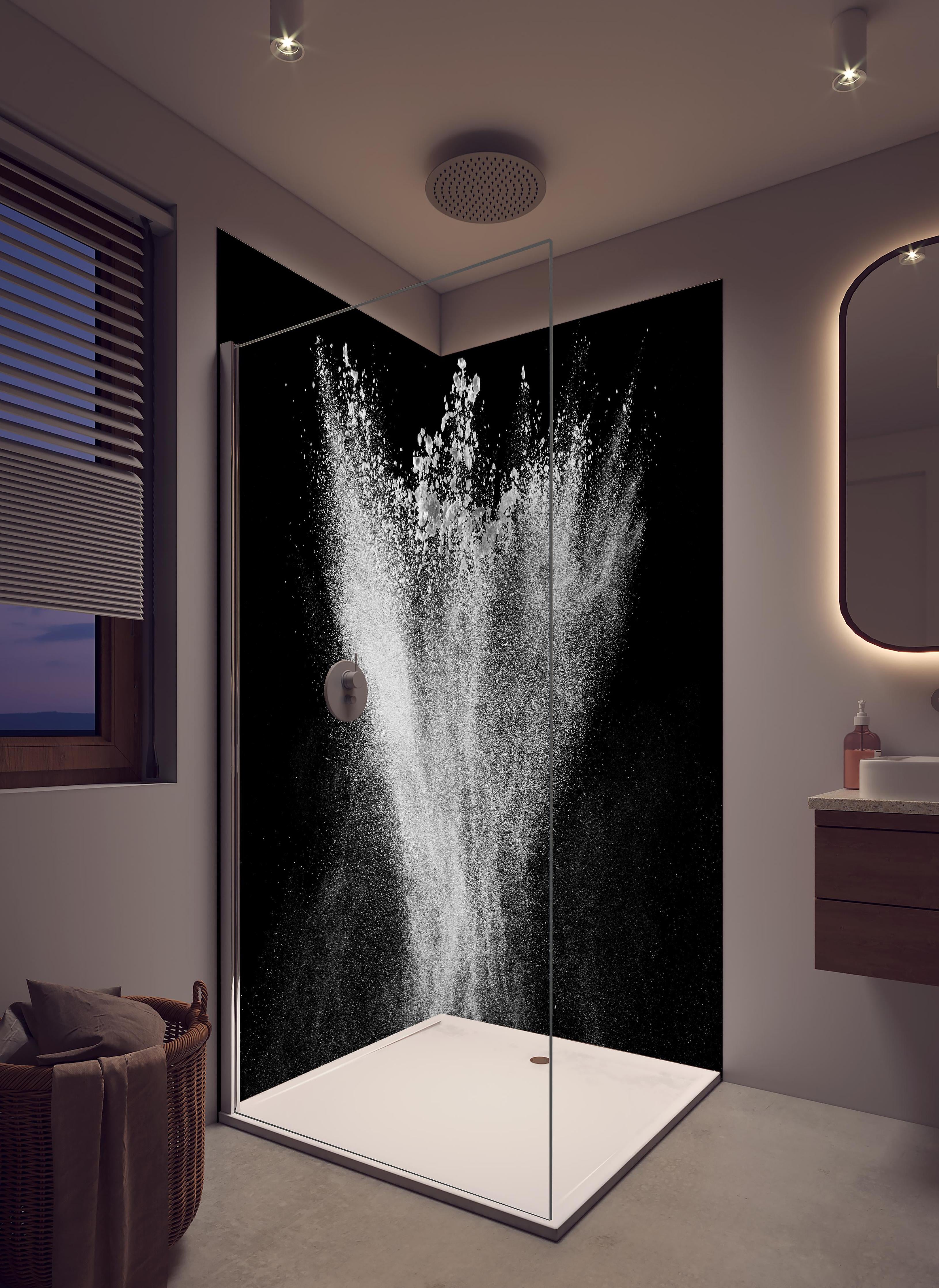 Duschrückwand - Pulver Explosion in hellem Badezimmer mit Regenduschkopf - zweiteilige Eck-Duschrückwand