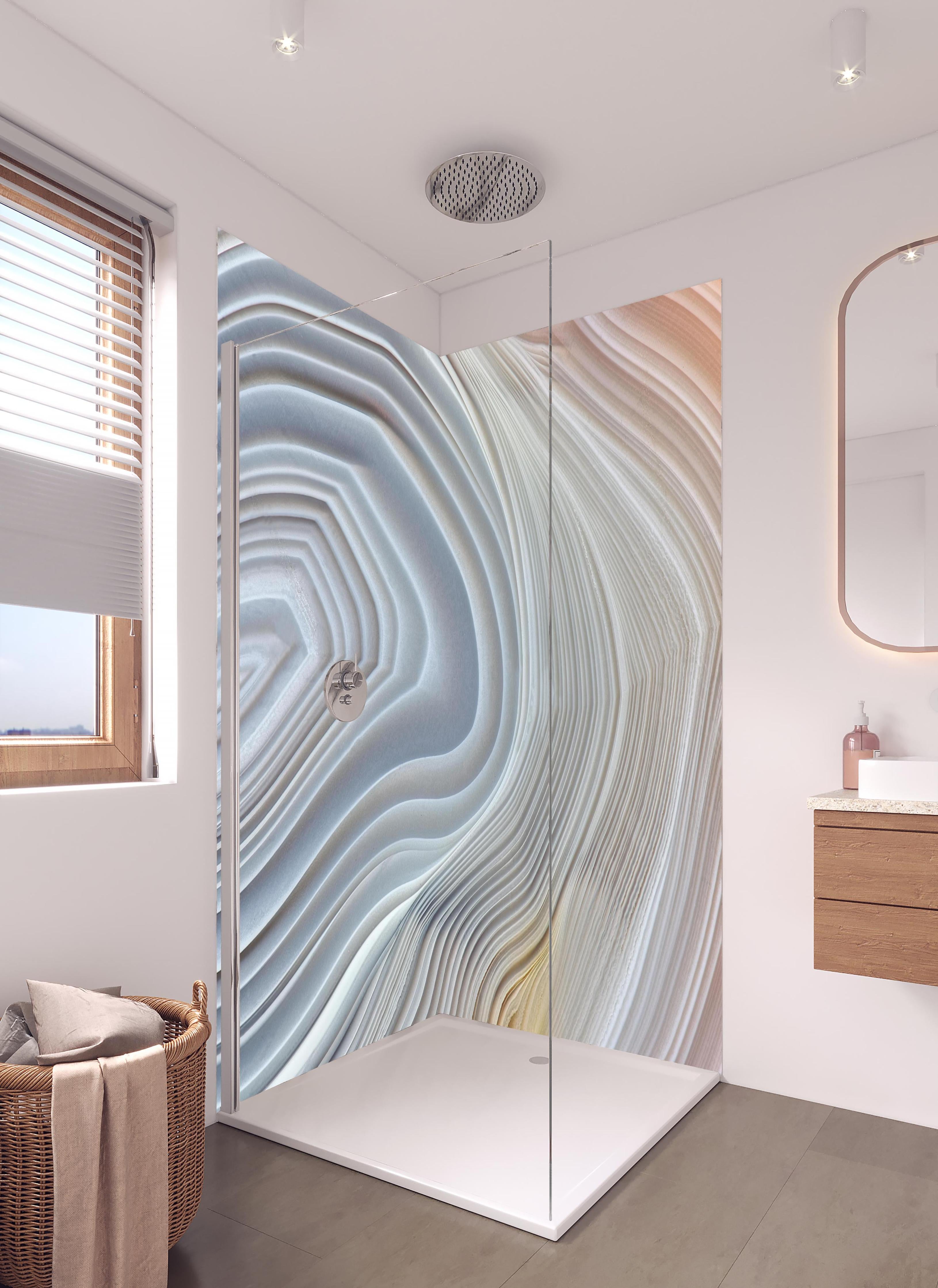 Duschrückwand - Querschnitt eines Achatkristalls in hellem Badezimmer mit Regenduschkopf - zweiteilige Eck-Duschrückwand