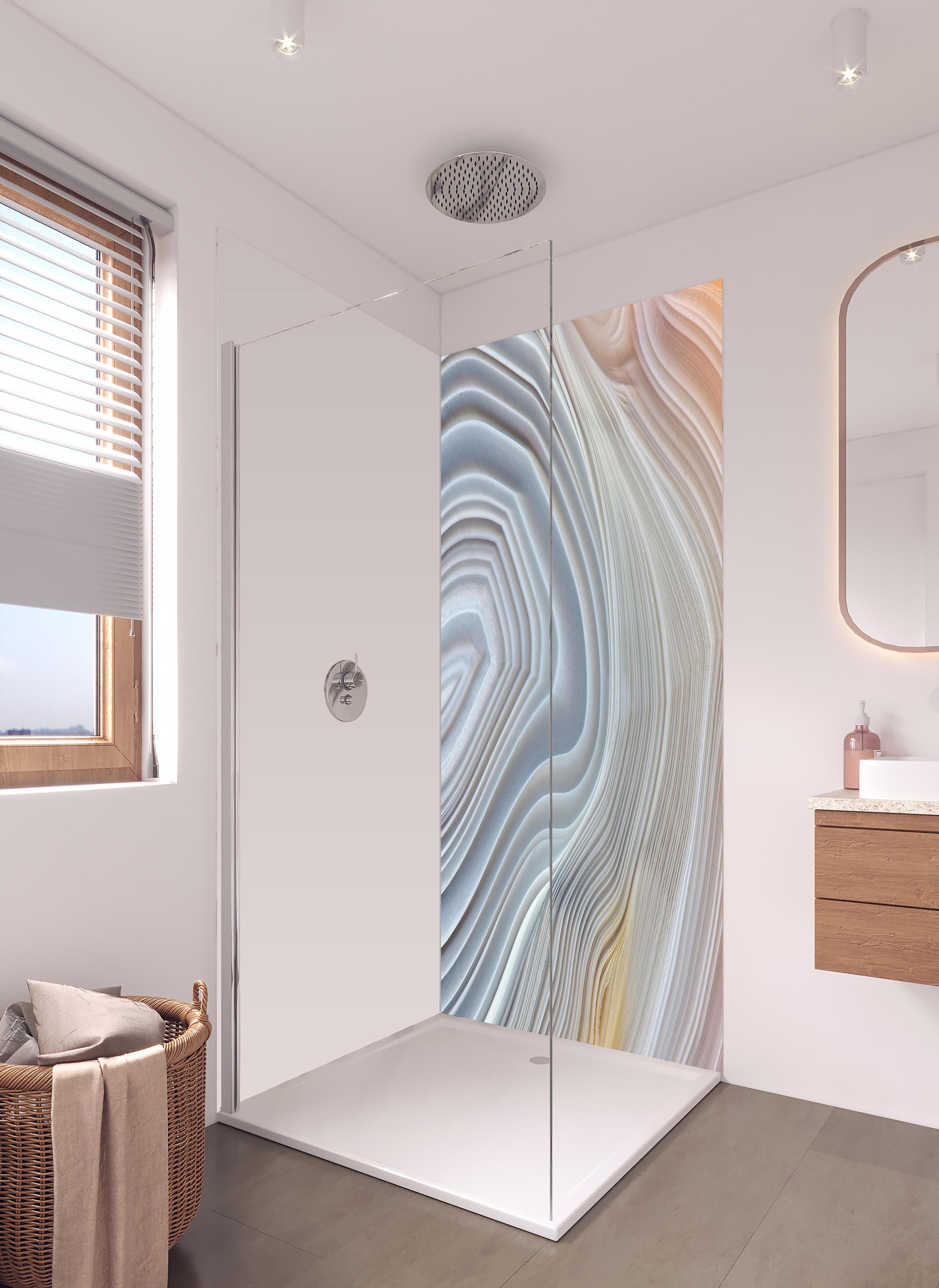 Duschrückwand - Querschnitt eines Achatkristalls in hellem Badezimmer mit Regenduschkopf - zweiteilige Eck-Duschrückwand