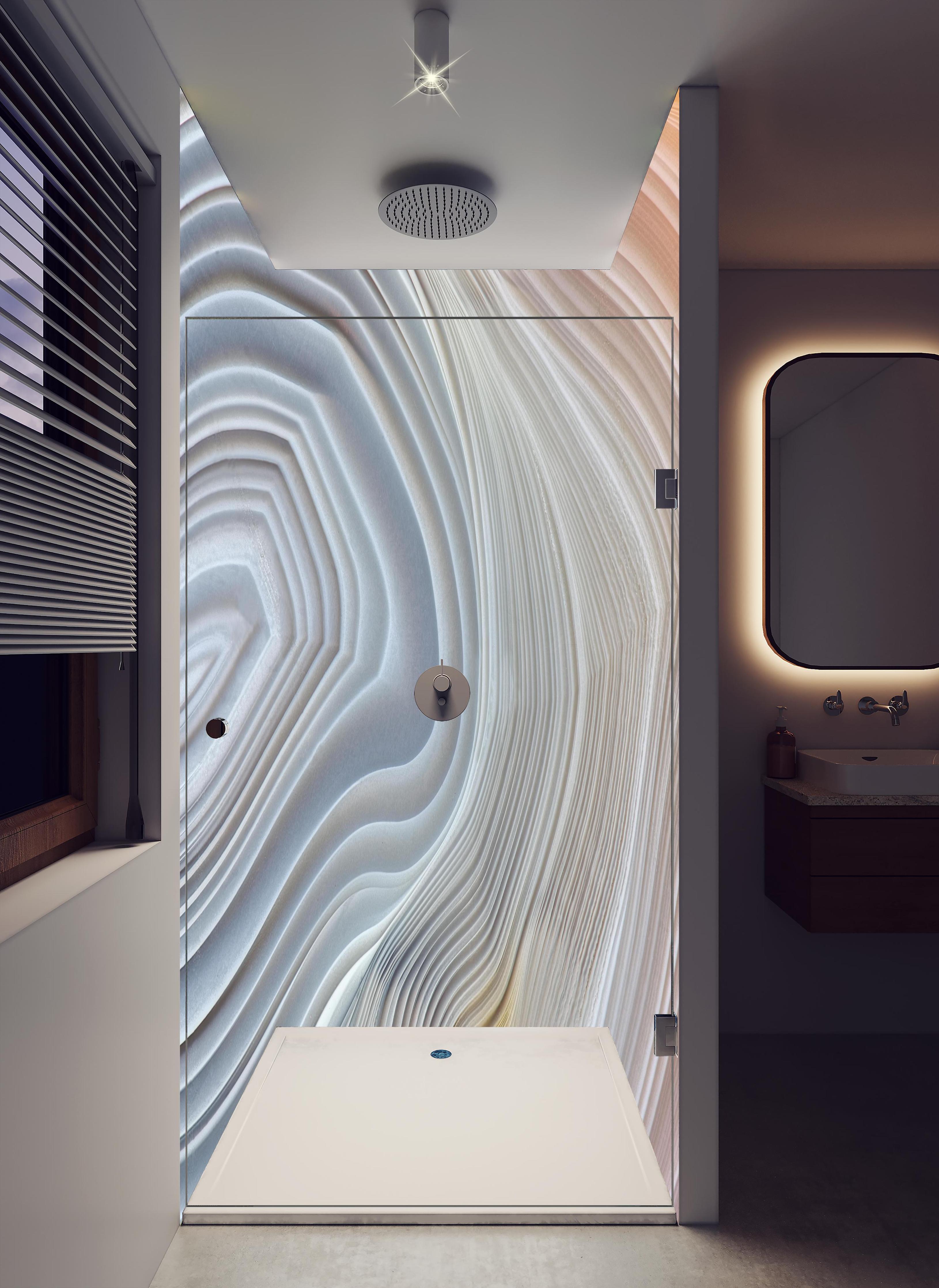 Duschrückwand - Querschnitt eines Achatkristalls in hellem Badezimmer mit Regenduschkopf - zweiteilige Eck-Duschrückwand
