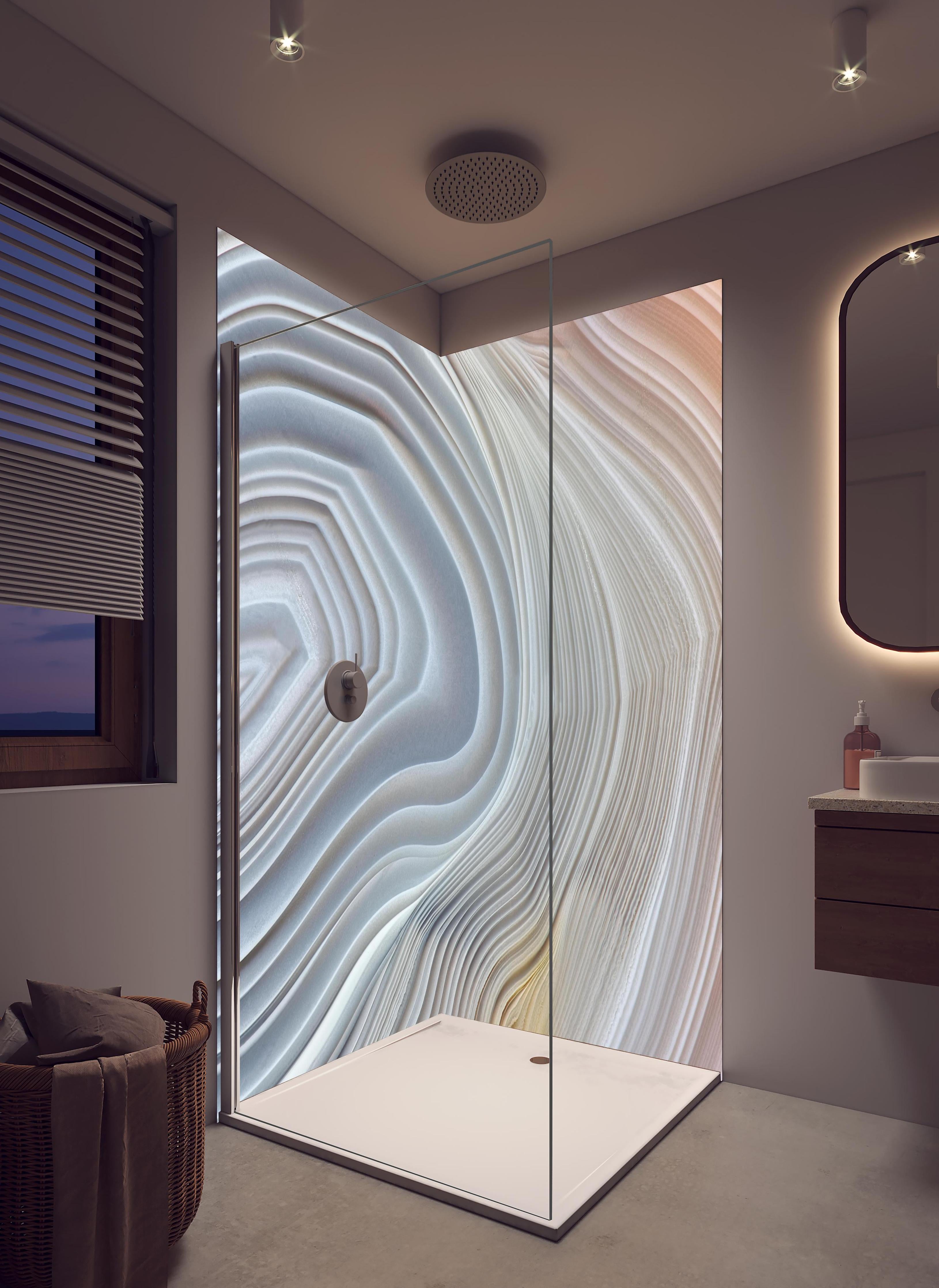Duschrückwand - Querschnitt eines Achatkristalls in hellem Badezimmer mit Regenduschkopf - zweiteilige Eck-Duschrückwand