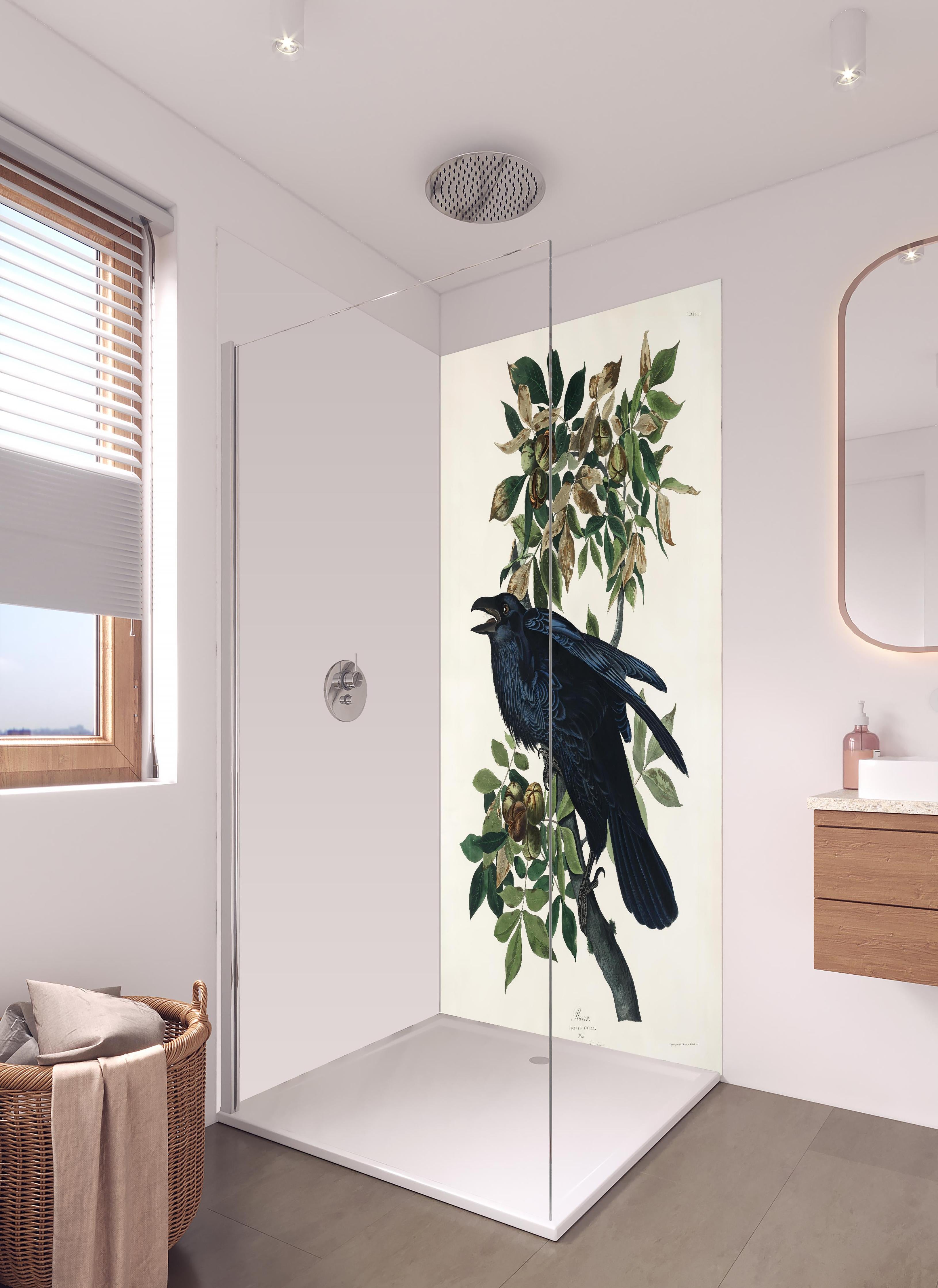 Duschrückwand - Raben Portrait - John James Audubon in hellem Badezimmer mit Regenduschkopf - zweiteilige Eck-Duschrückwand
