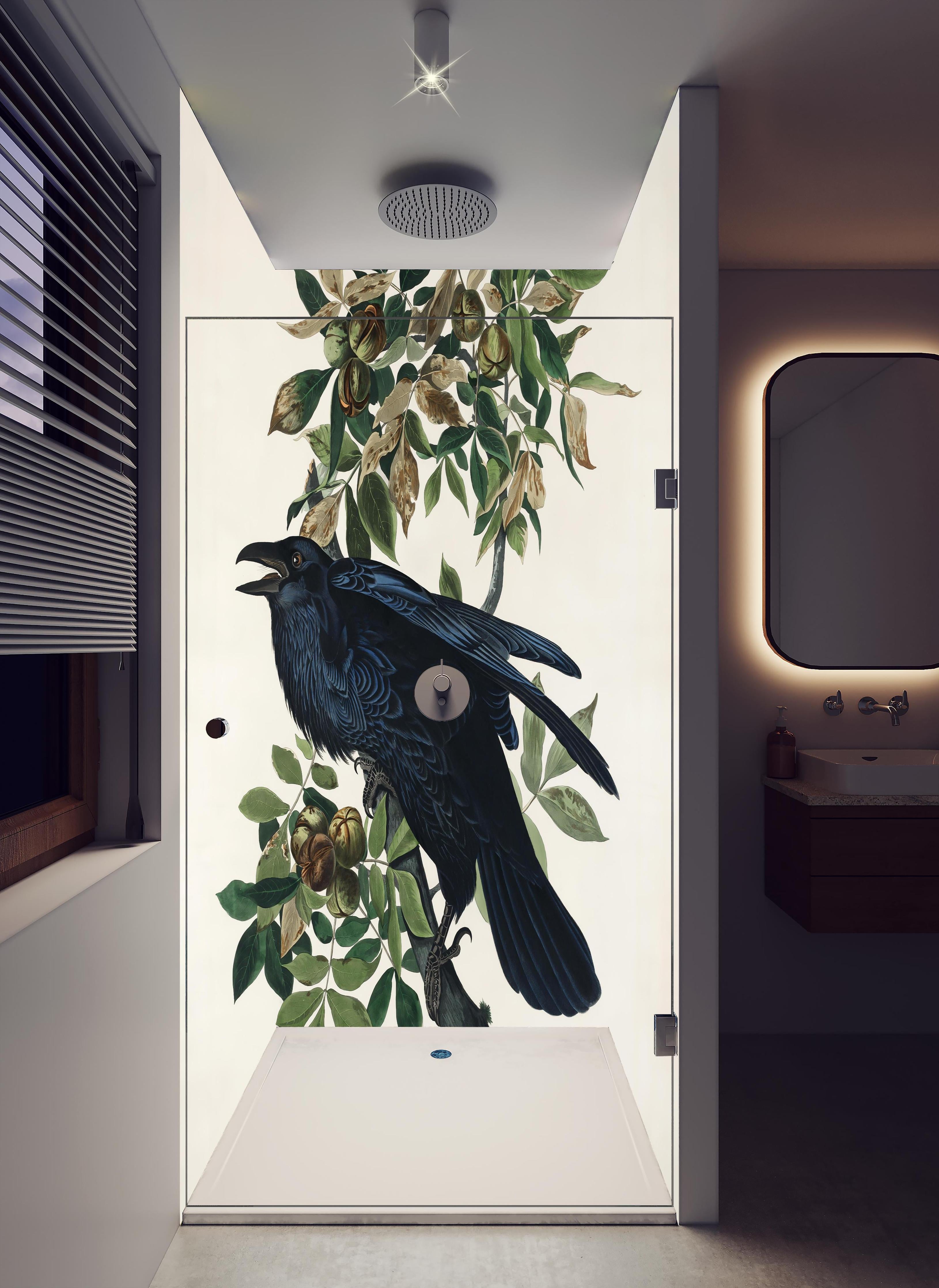 Duschrückwand - Raben Portrait - John James Audubon in hellem Badezimmer mit Regenduschkopf - zweiteilige Eck-Duschrückwand