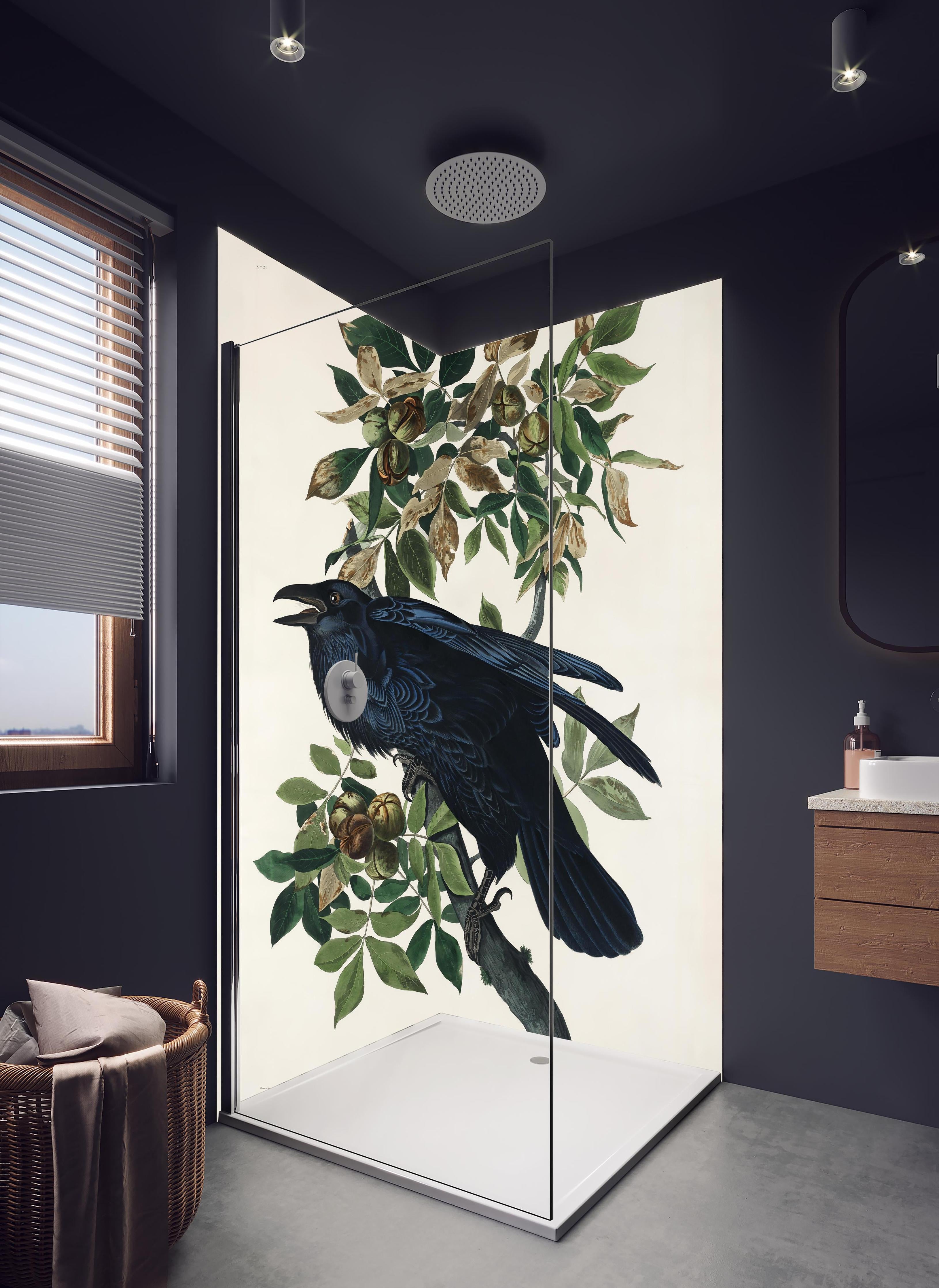 Duschrückwand - Raben Portrait - John James Audubon in hellem Badezimmer mit Regenduschkopf - zweiteilige Eck-Duschrückwand