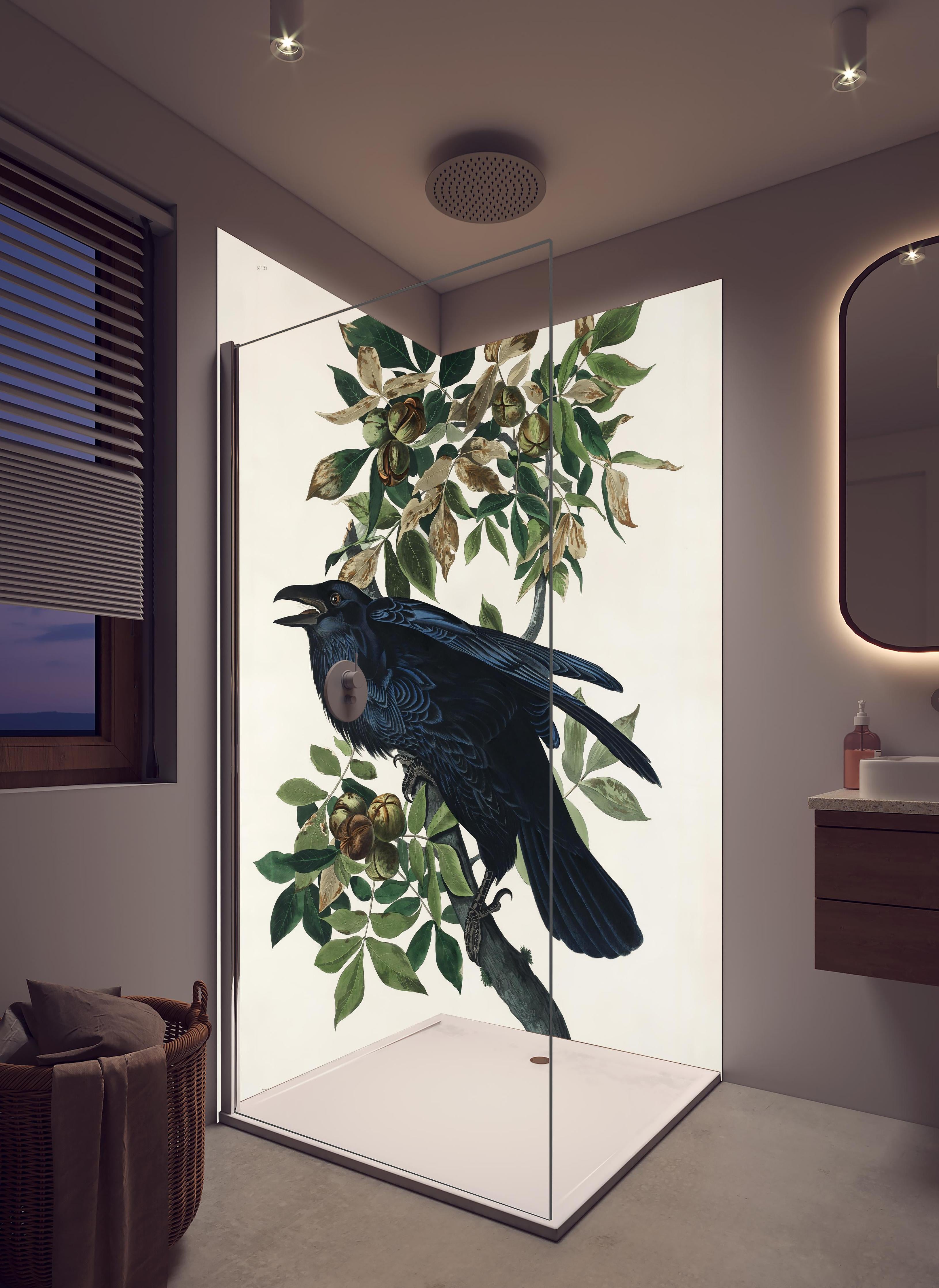 Duschrückwand - Raben Portrait - John James Audubon in hellem Badezimmer mit Regenduschkopf - zweiteilige Eck-Duschrückwand