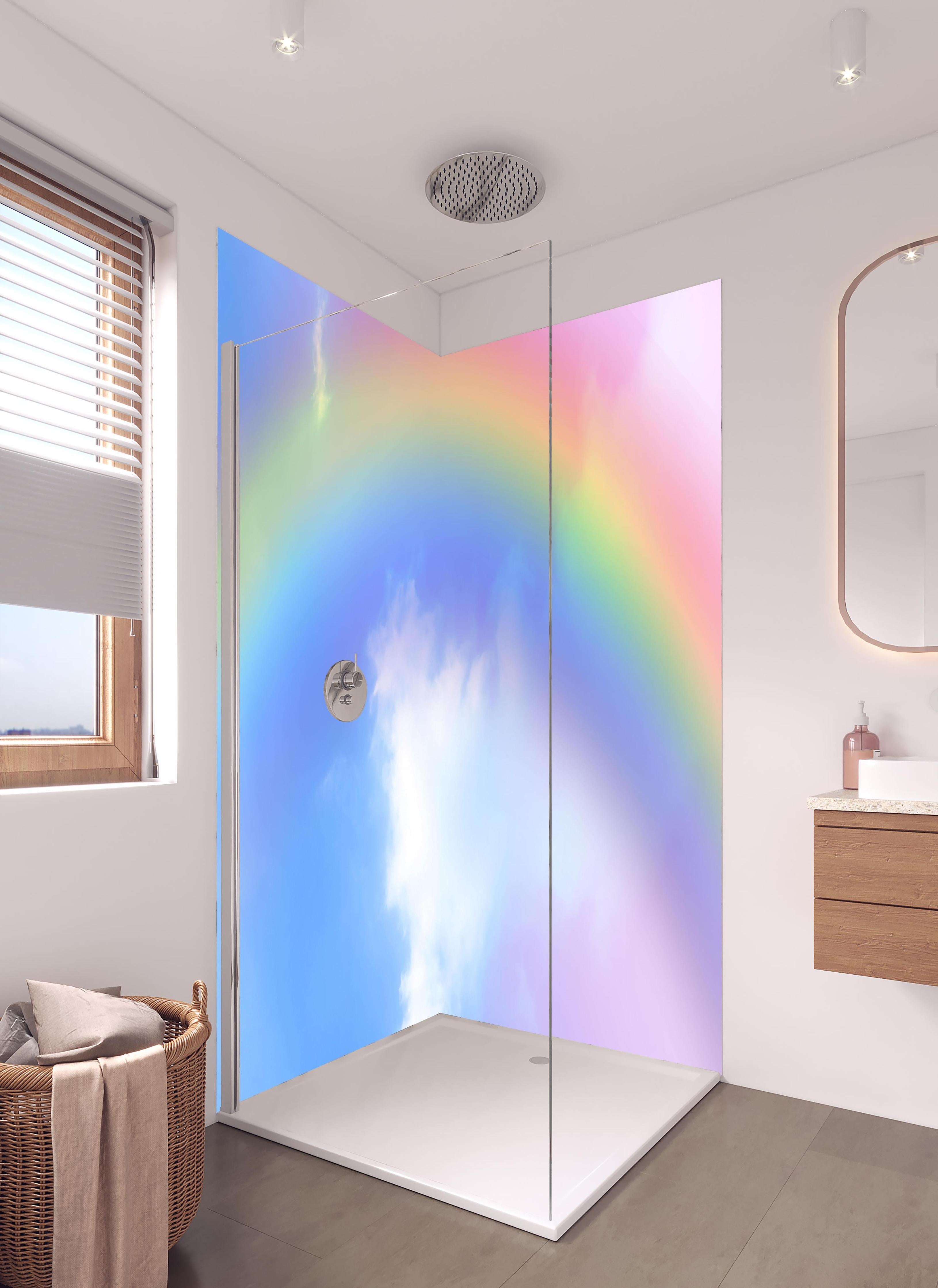 Duschrückwand - Regenbogen im Wolkenhimmel in hellem Badezimmer mit Regenduschkopf - zweiteilige Eck-Duschrückwand