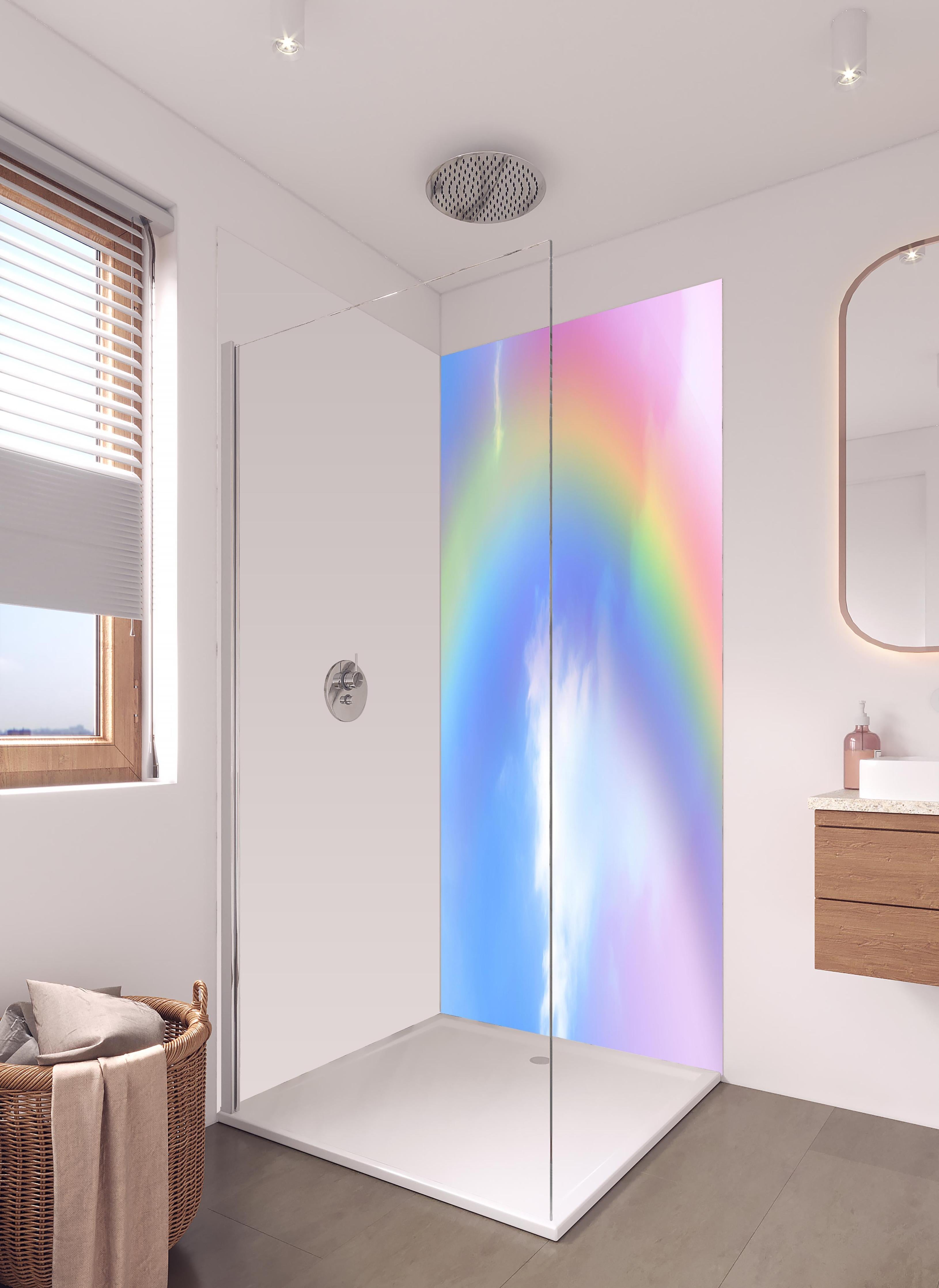 Duschrückwand - Regenbogen im Wolkenhimmel in hellem Badezimmer mit Regenduschkopf - zweiteilige Eck-Duschrückwand