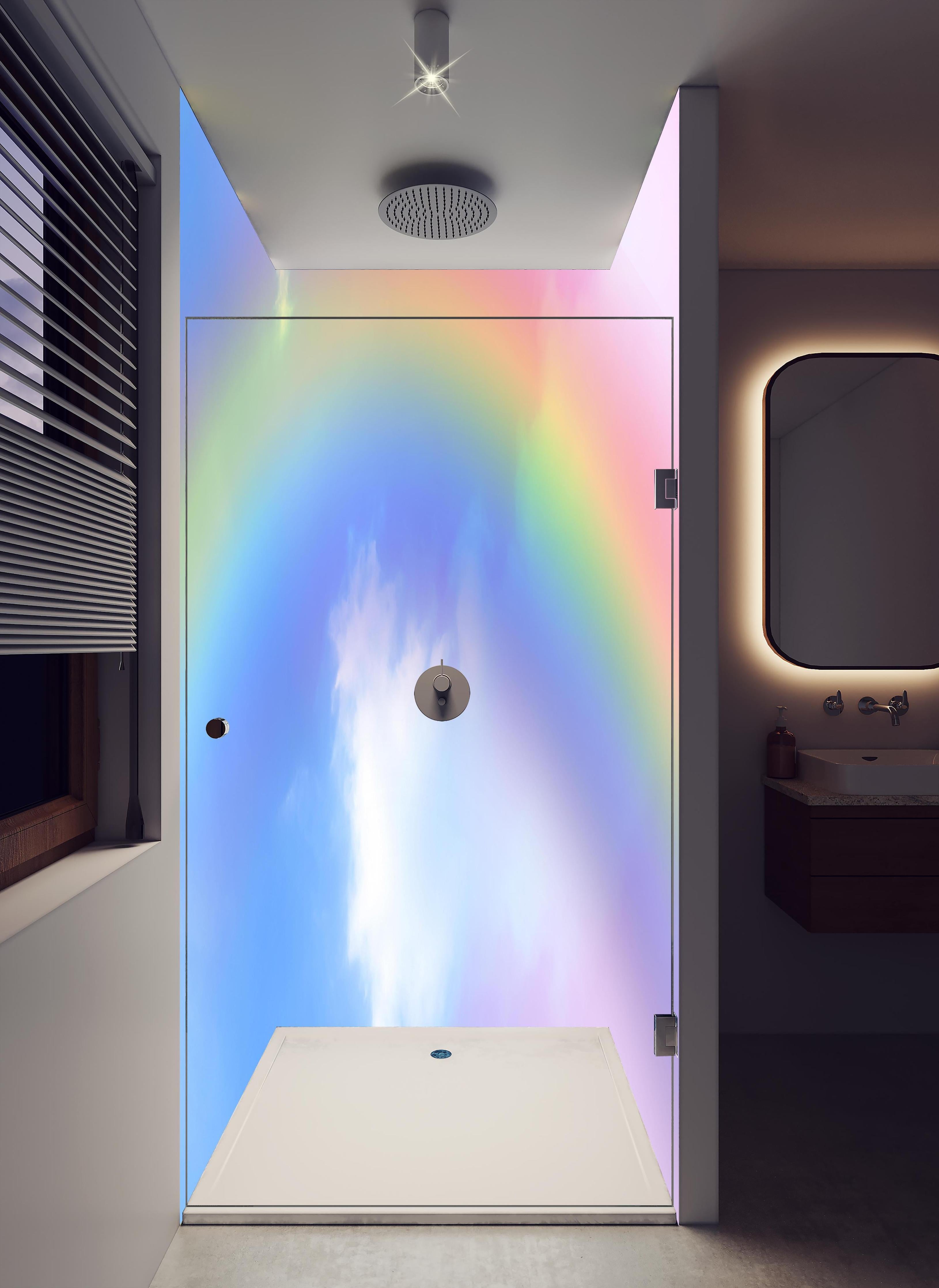 Duschrückwand - Regenbogen im Wolkenhimmel in hellem Badezimmer mit Regenduschkopf - zweiteilige Eck-Duschrückwand