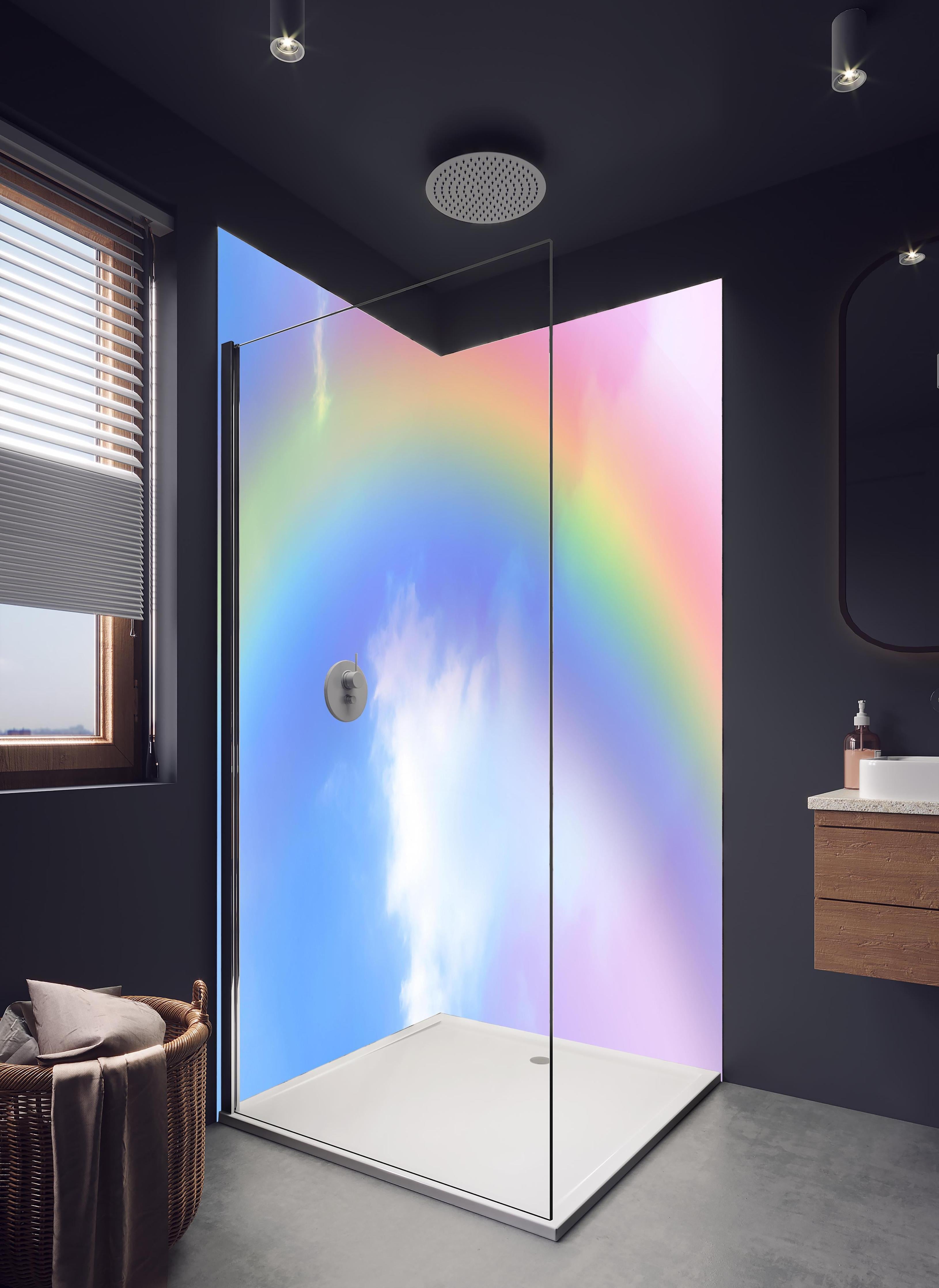 Duschrückwand - Regenbogen im Wolkenhimmel in hellem Badezimmer mit Regenduschkopf - zweiteilige Eck-Duschrückwand