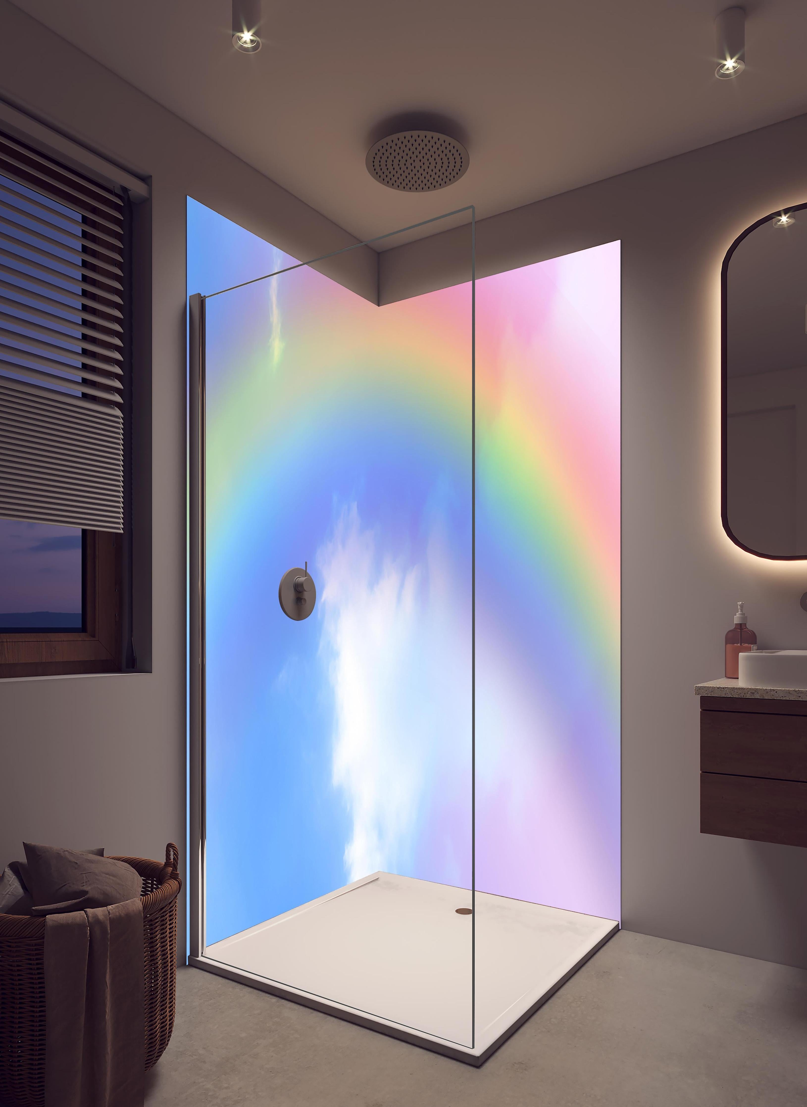Duschrückwand - Regenbogen im Wolkenhimmel in hellem Badezimmer mit Regenduschkopf - zweiteilige Eck-Duschrückwand