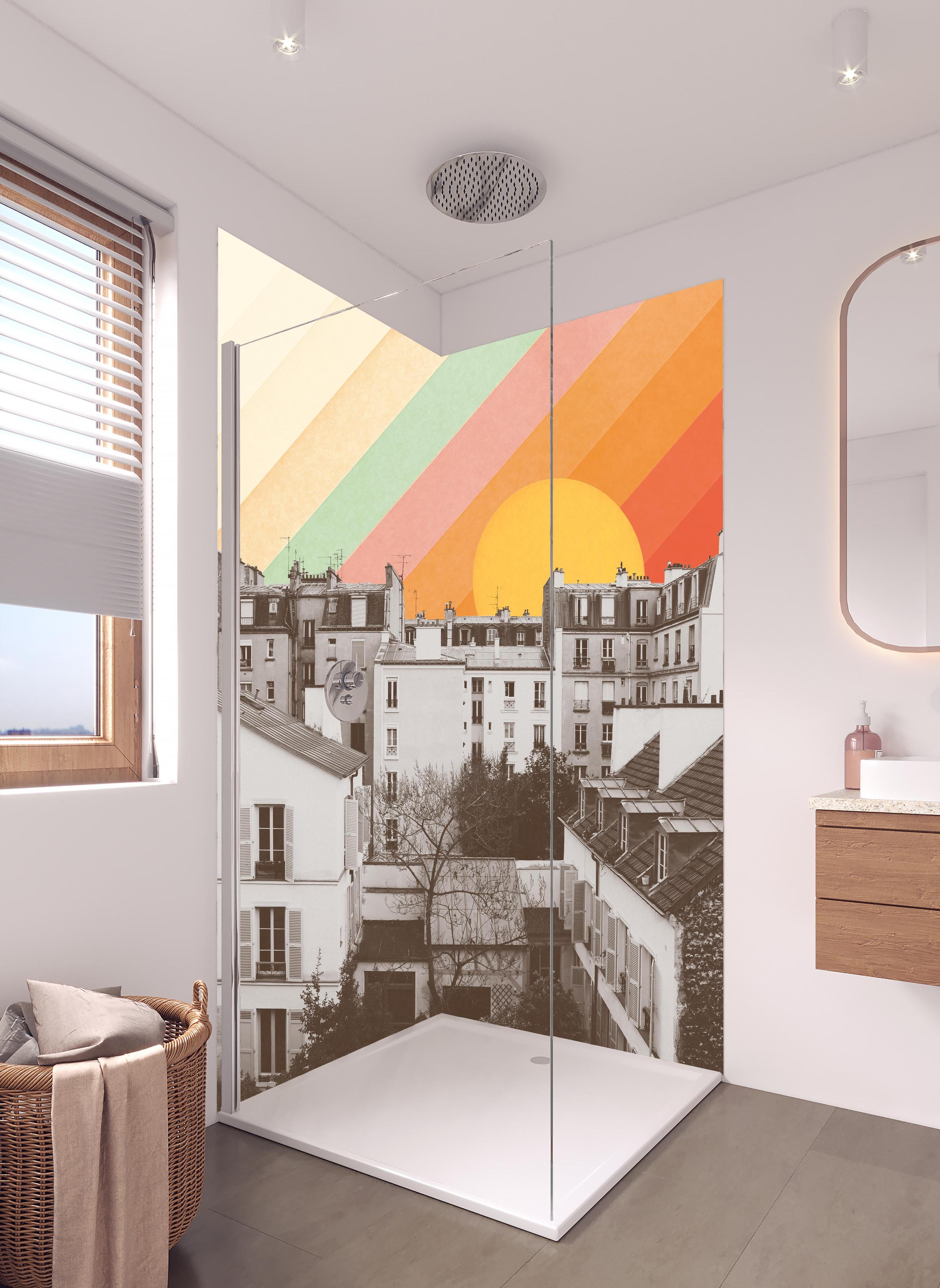 Duschrückwand - Regenbogenstreifen über Paris Schwarzweiß in hellem Badezimmer mit Regenduschkopf - zweiteilige Eck-Duschrückwand