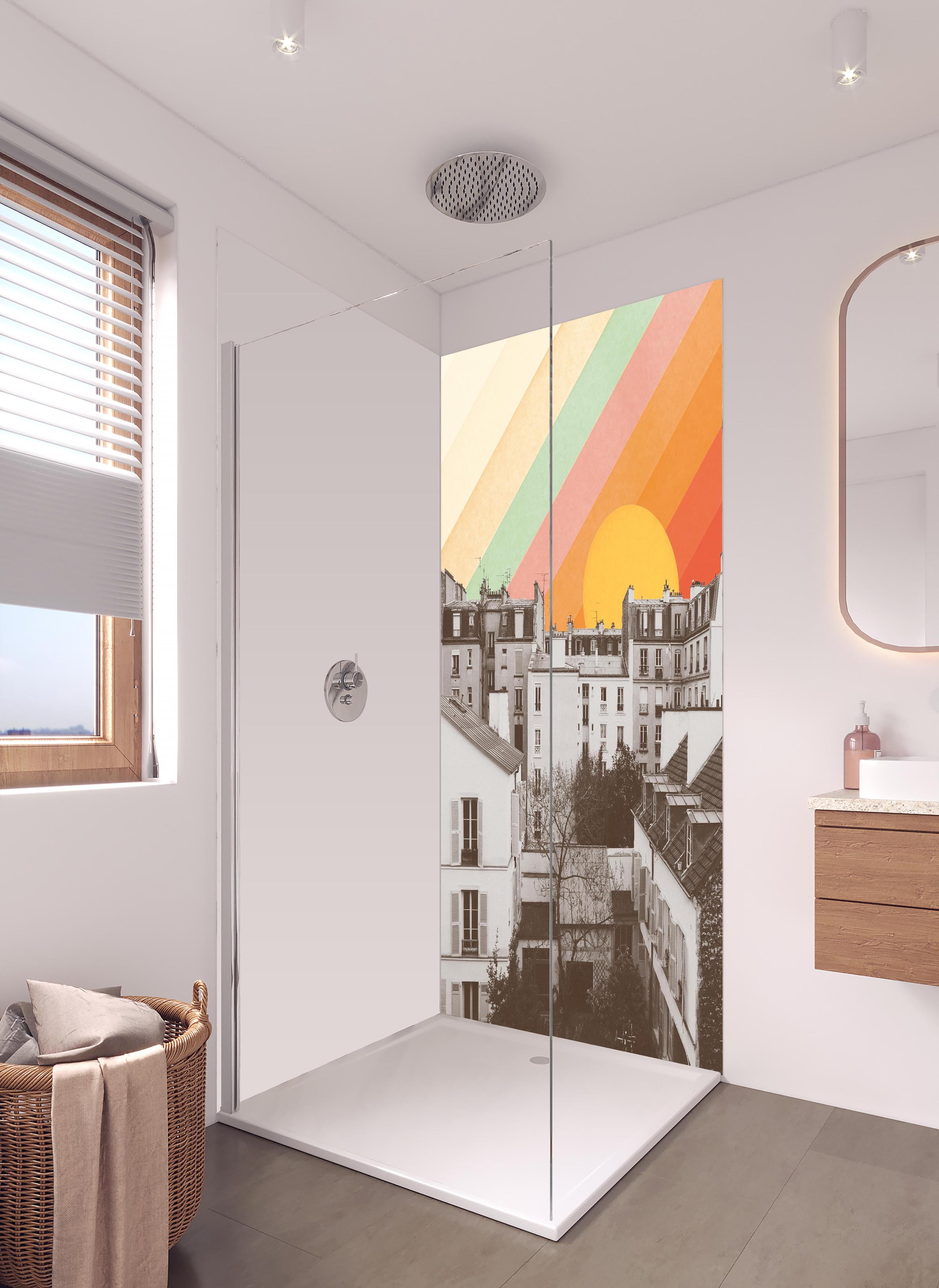 Duschrückwand - Regenbogenstreifen über Paris Schwarzweiß in hellem Badezimmer mit Regenduschkopf - zweiteilige Eck-Duschrückwand
