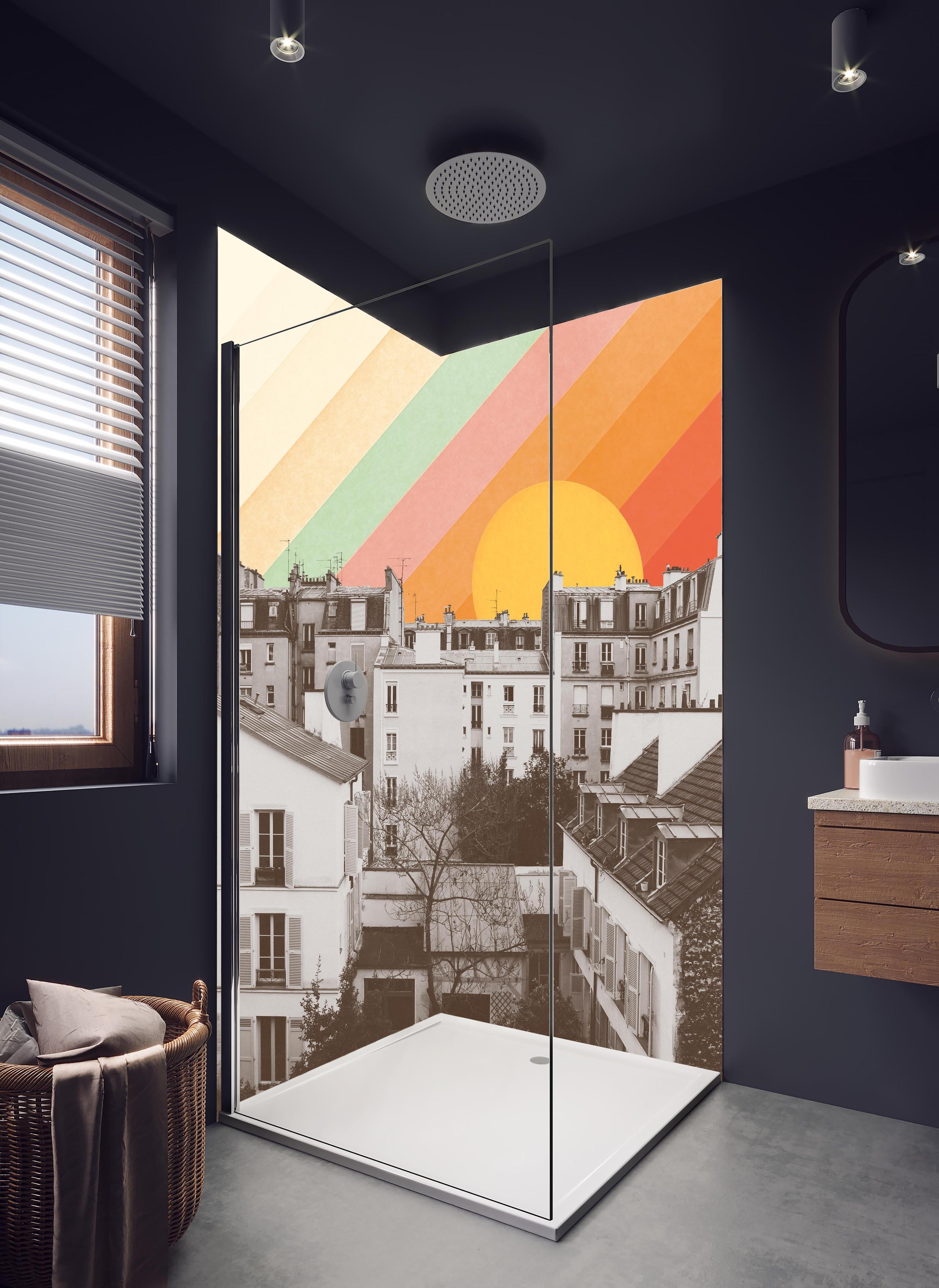 Duschrückwand - Regenbogenstreifen über Paris Schwarzweiß in hellem Badezimmer mit Regenduschkopf - zweiteilige Eck-Duschrückwand