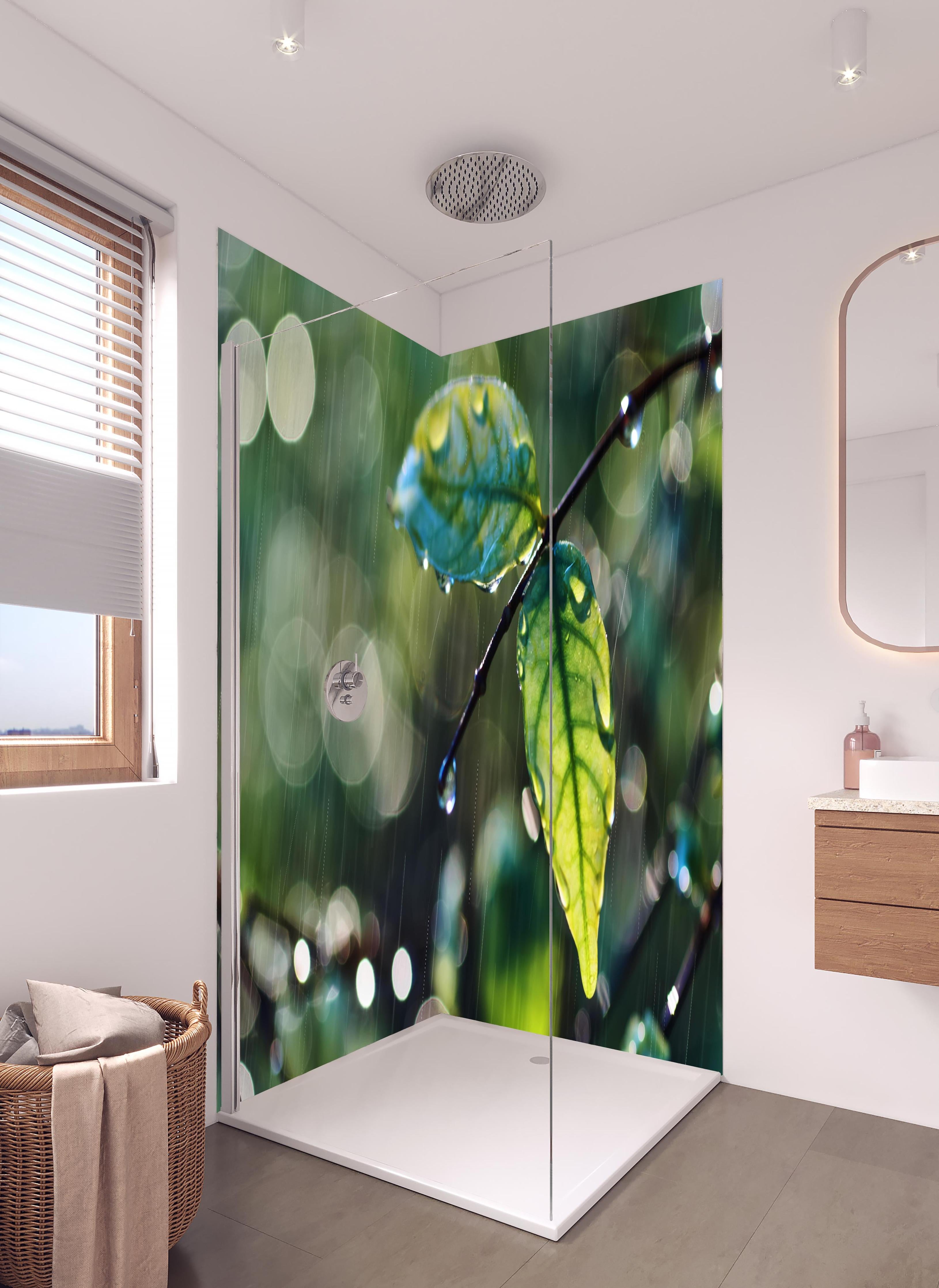 Duschrückwand - Regentropfen auf Blatt und Zweig in hellem Badezimmer mit Regenduschkopf - zweiteilige Eck-Duschrückwand
