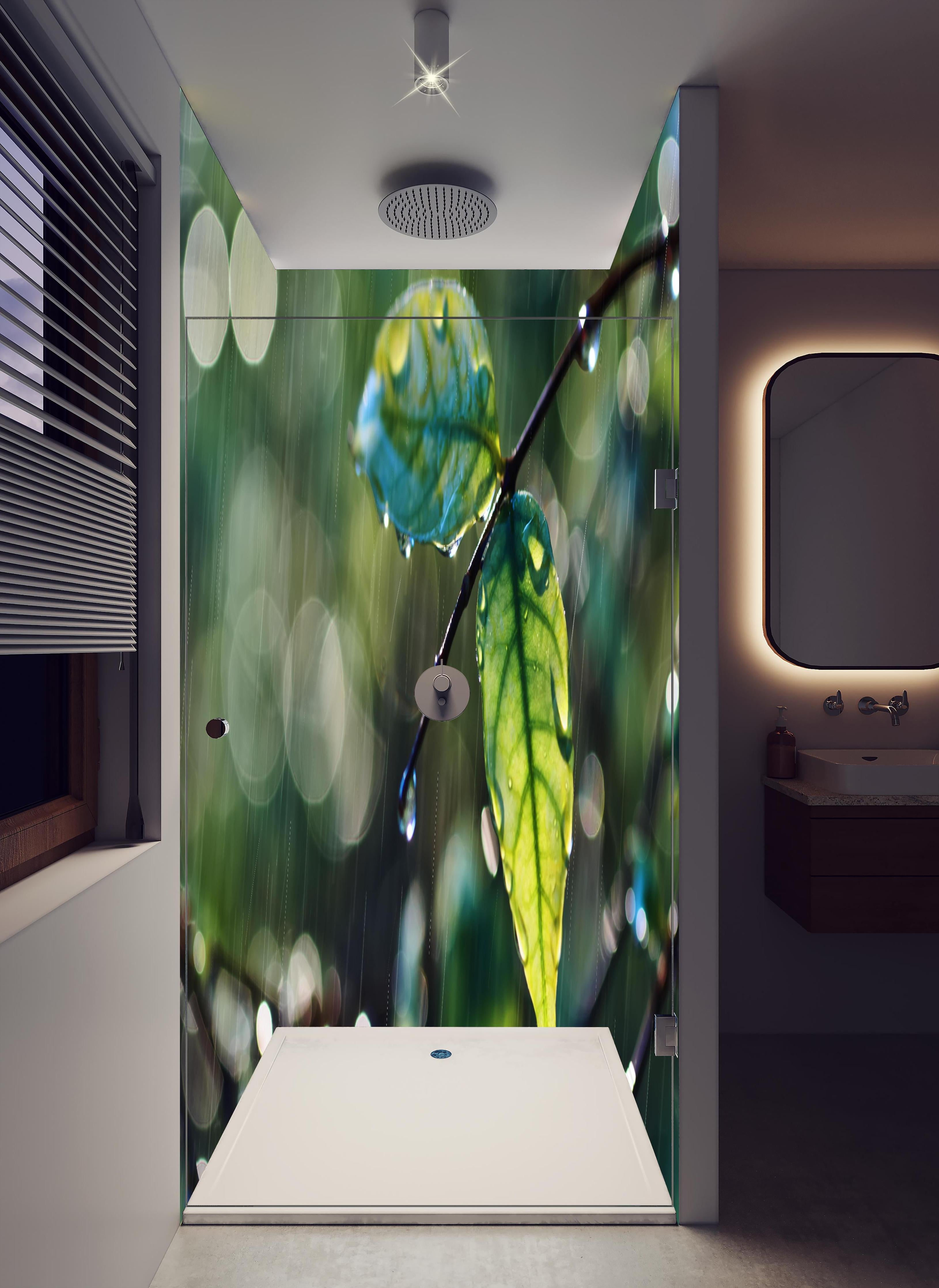 Duschrückwand - Regentropfen auf Blatt und Zweig in hellem Badezimmer mit Regenduschkopf - zweiteilige Eck-Duschrückwand