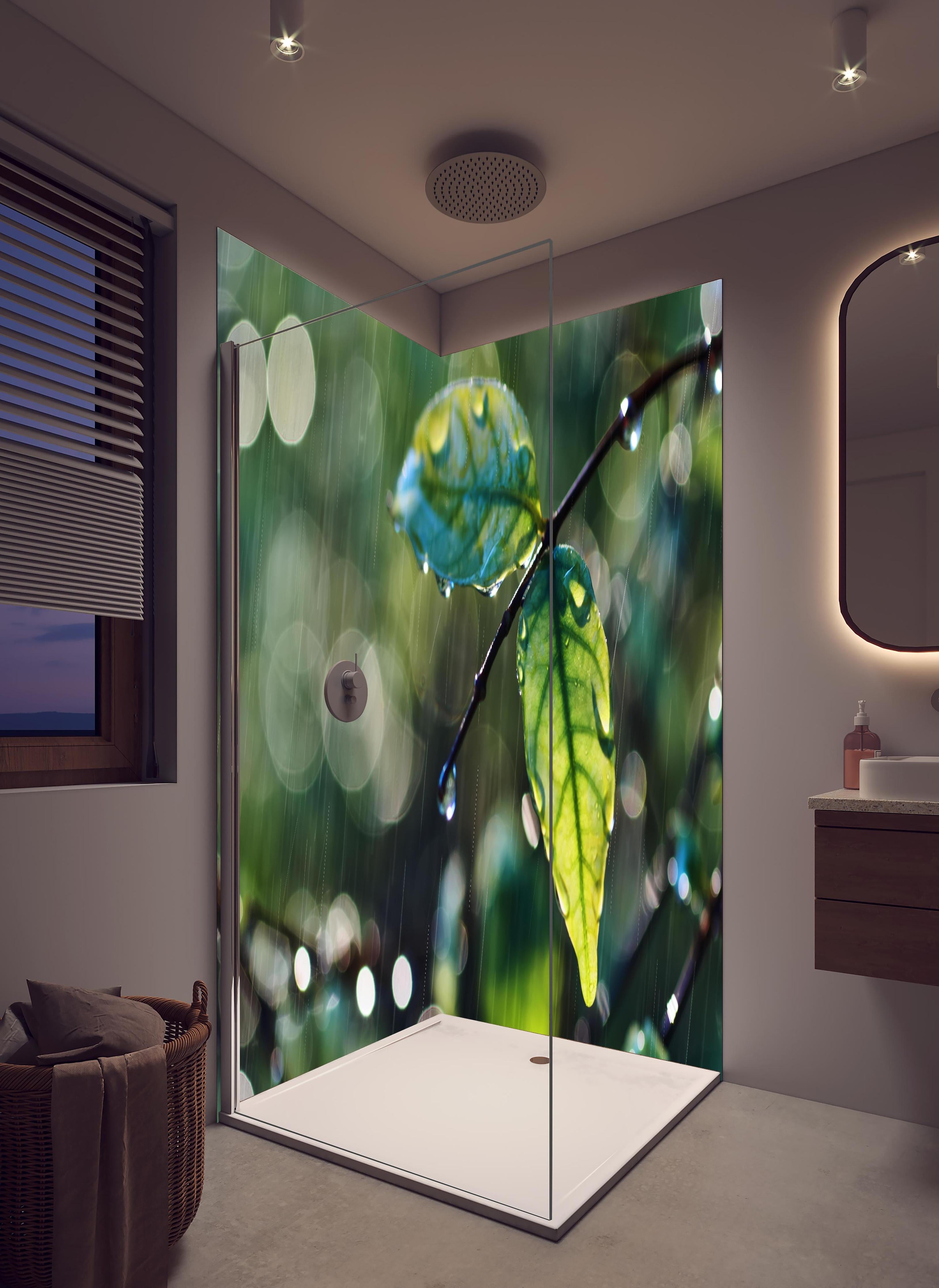 Duschrückwand - Regentropfen auf Blatt und Zweig in hellem Badezimmer mit Regenduschkopf - zweiteilige Eck-Duschrückwand