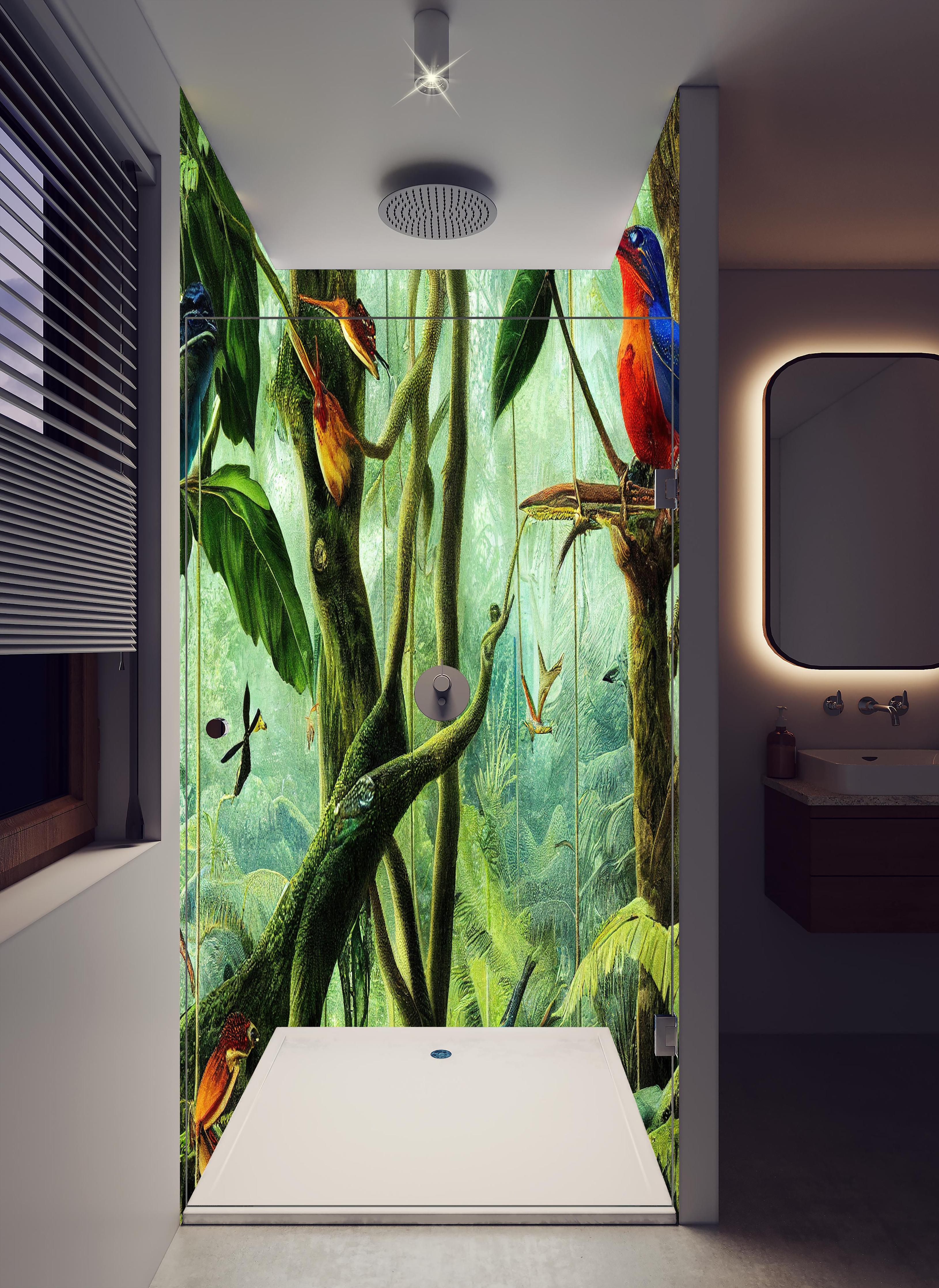 Duschrückwand - Regenwald mit exotischen Tieren in hellem Badezimmer mit Regenduschkopf - zweiteilige Eck-Duschrückwand