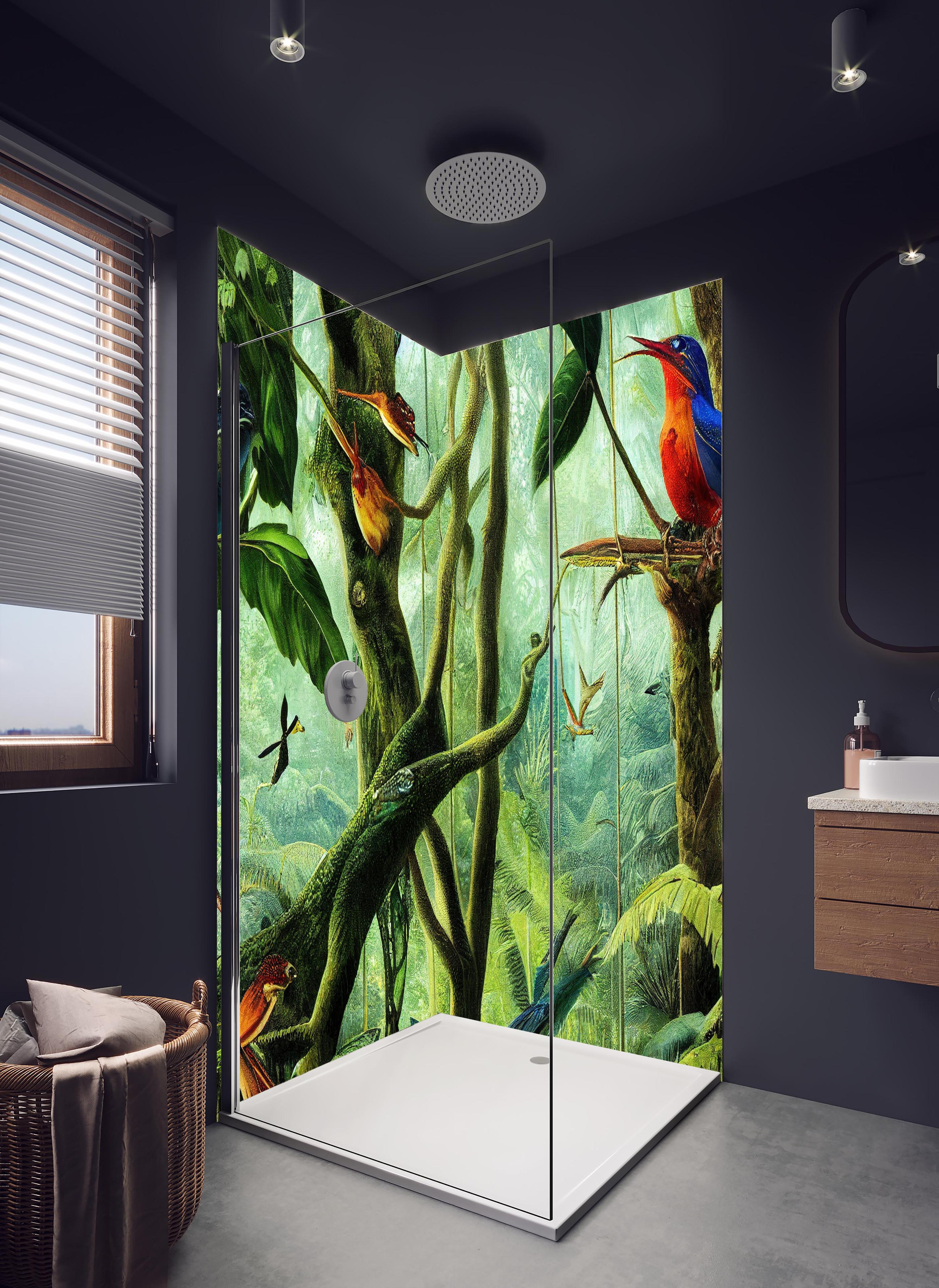 Duschrückwand - Regenwald mit exotischen Tieren in hellem Badezimmer mit Regenduschkopf - zweiteilige Eck-Duschrückwand