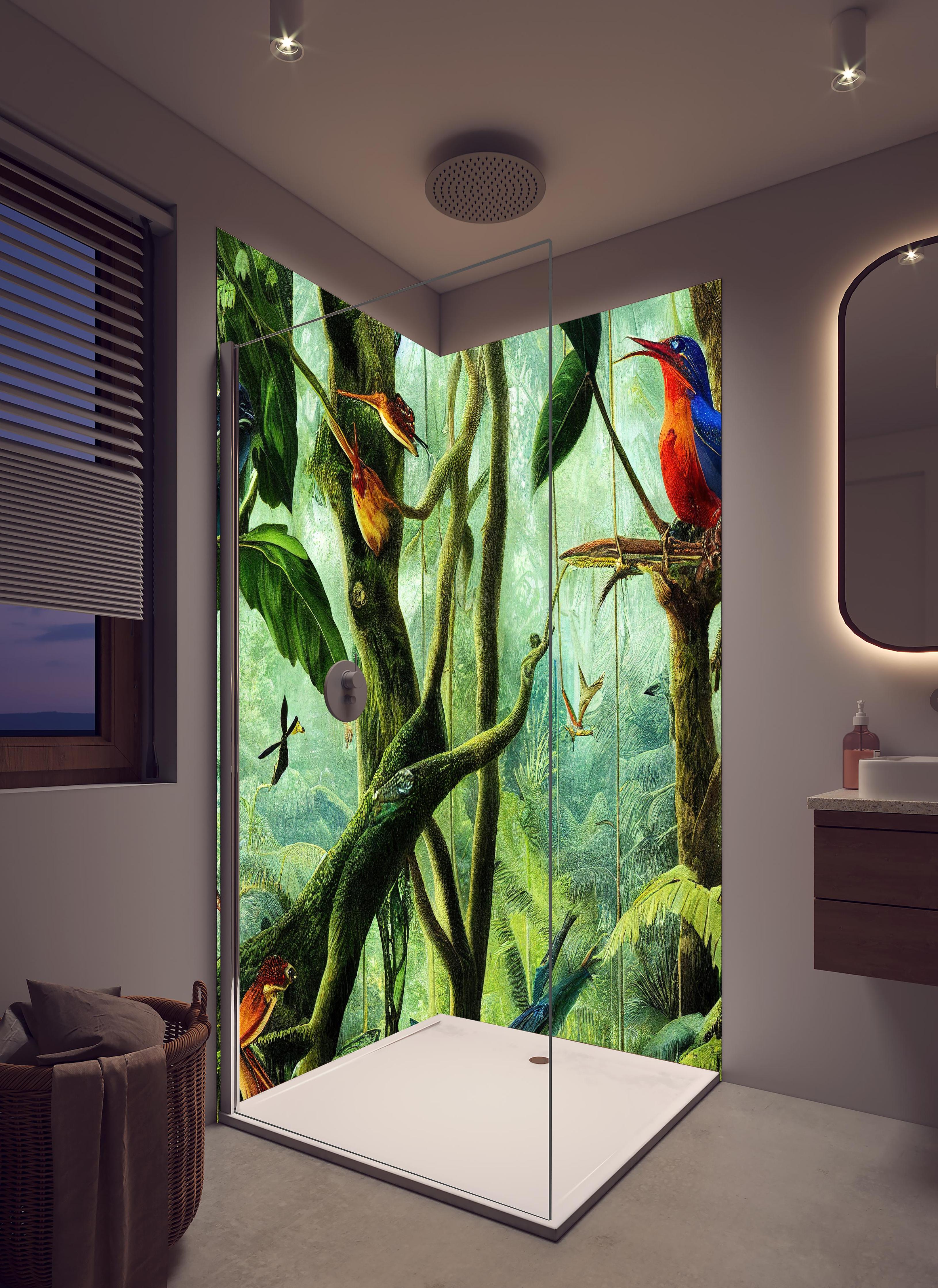 Duschrückwand - Regenwald mit exotischen Tieren in hellem Badezimmer mit Regenduschkopf - zweiteilige Eck-Duschrückwand