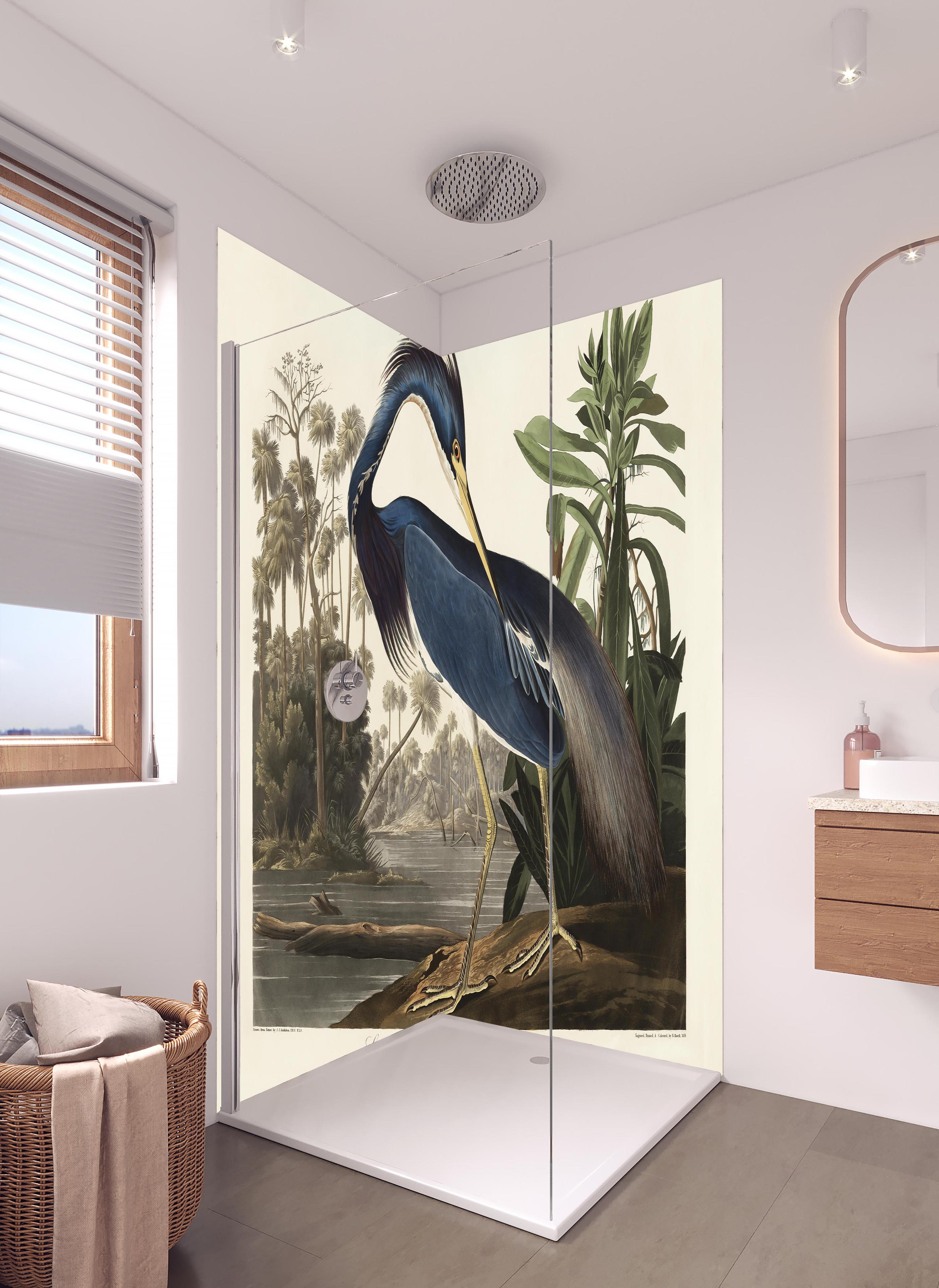 Duschrückwand - Reiher Portrait - John James Audubon in hellem Badezimmer mit Regenduschkopf - zweiteilige Eck-Duschrückwand