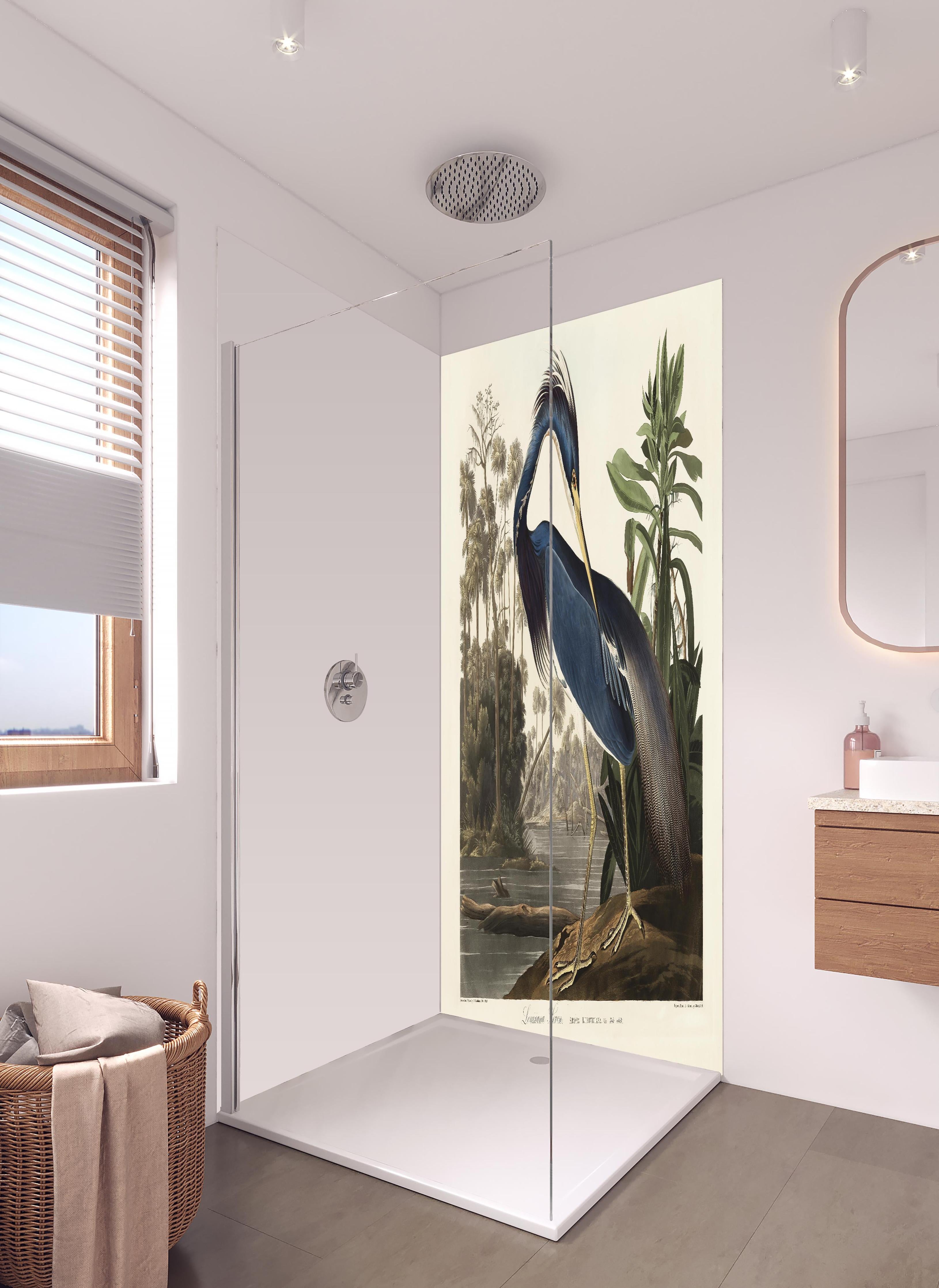 Duschrückwand - Reiher Portrait - John James Audubon in hellem Badezimmer mit Regenduschkopf - zweiteilige Eck-Duschrückwand