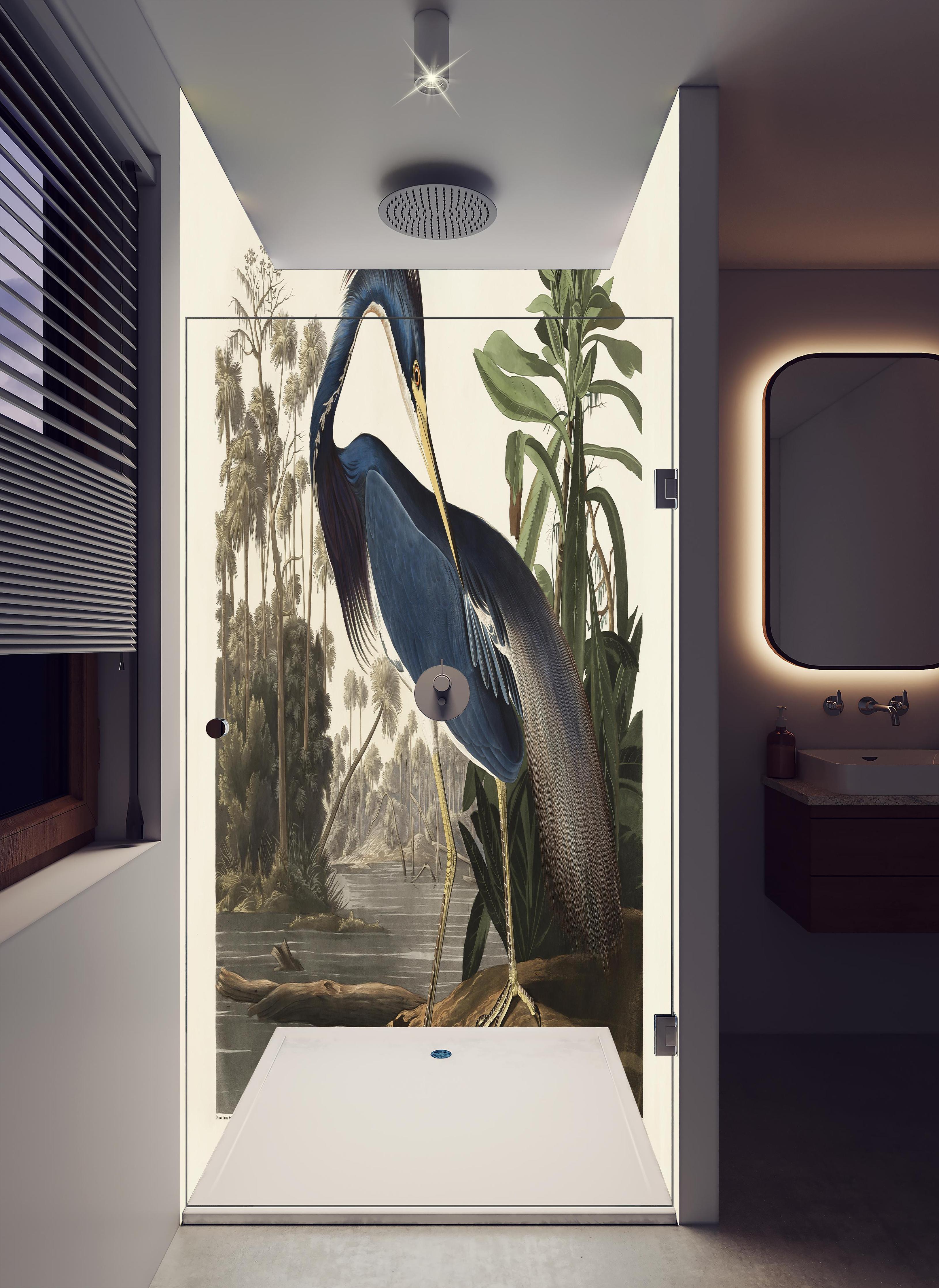 Duschrückwand - Reiher Portrait - John James Audubon in hellem Badezimmer mit Regenduschkopf - zweiteilige Eck-Duschrückwand