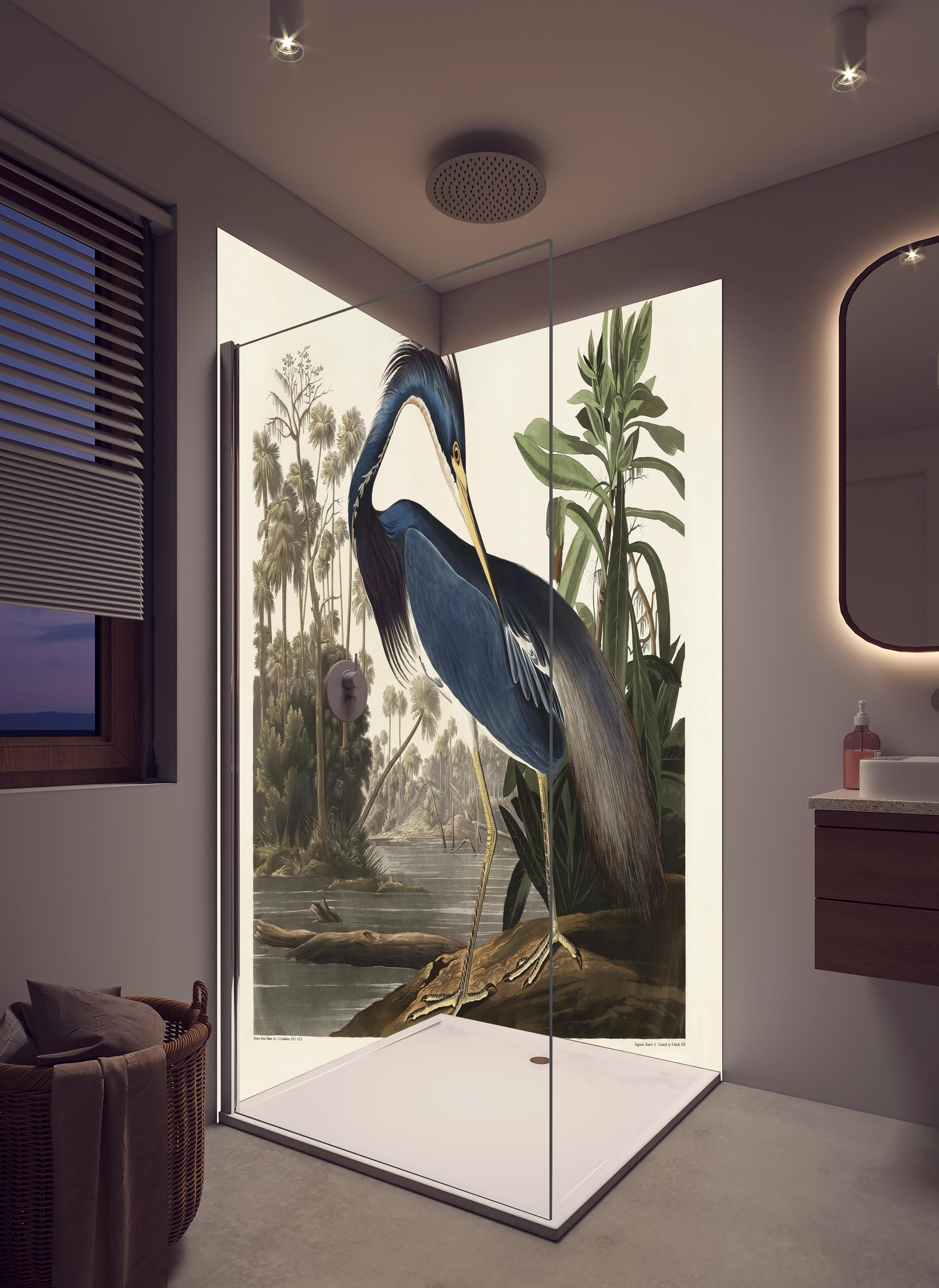 Duschrückwand - Reiher Portrait - John James Audubon in hellem Badezimmer mit Regenduschkopf - zweiteilige Eck-Duschrückwand