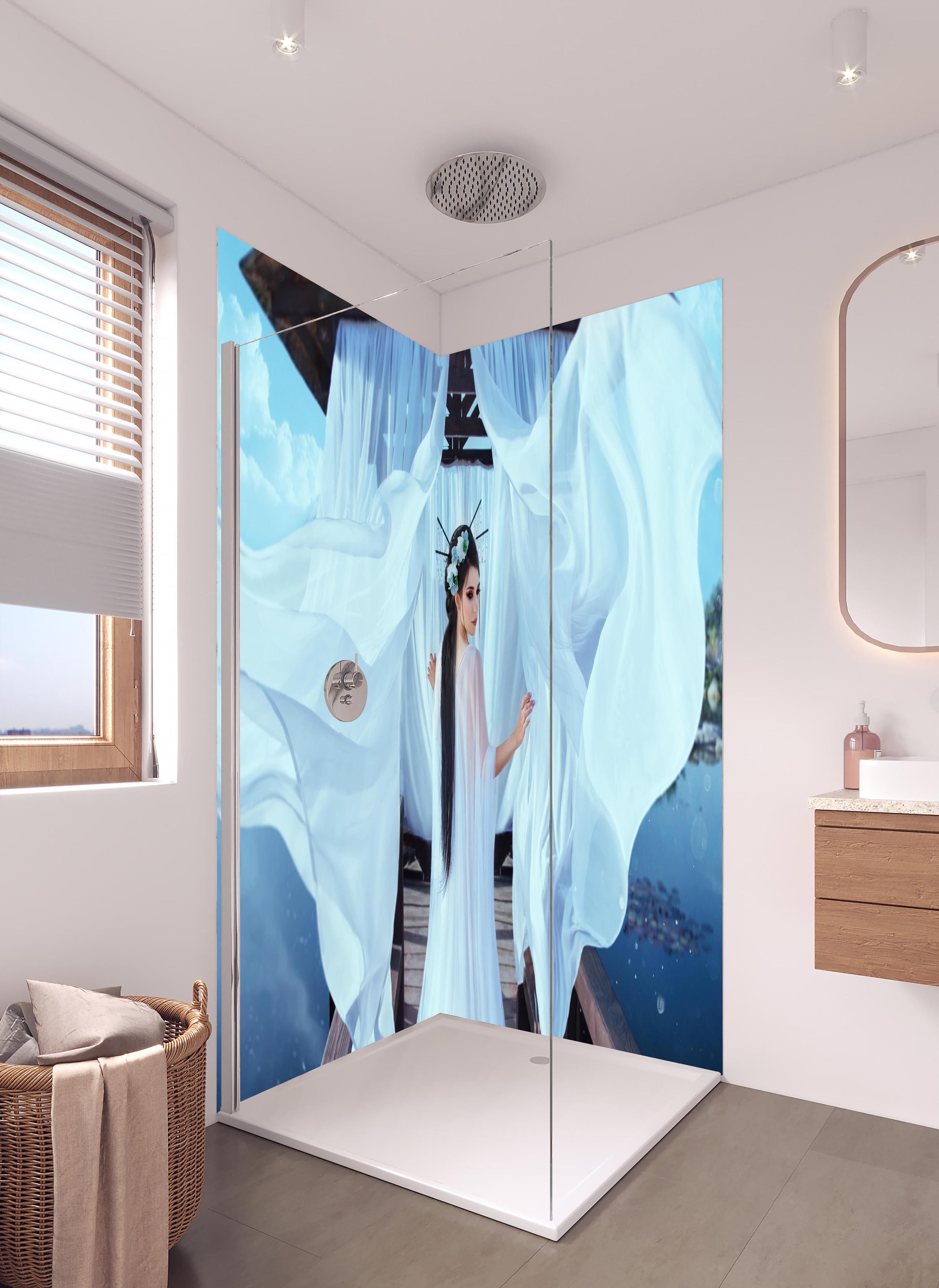 Duschrückwand - Reines Japanisches Porträt in hellem Badezimmer mit Regenduschkopf - zweiteilige Eck-Duschrückwand