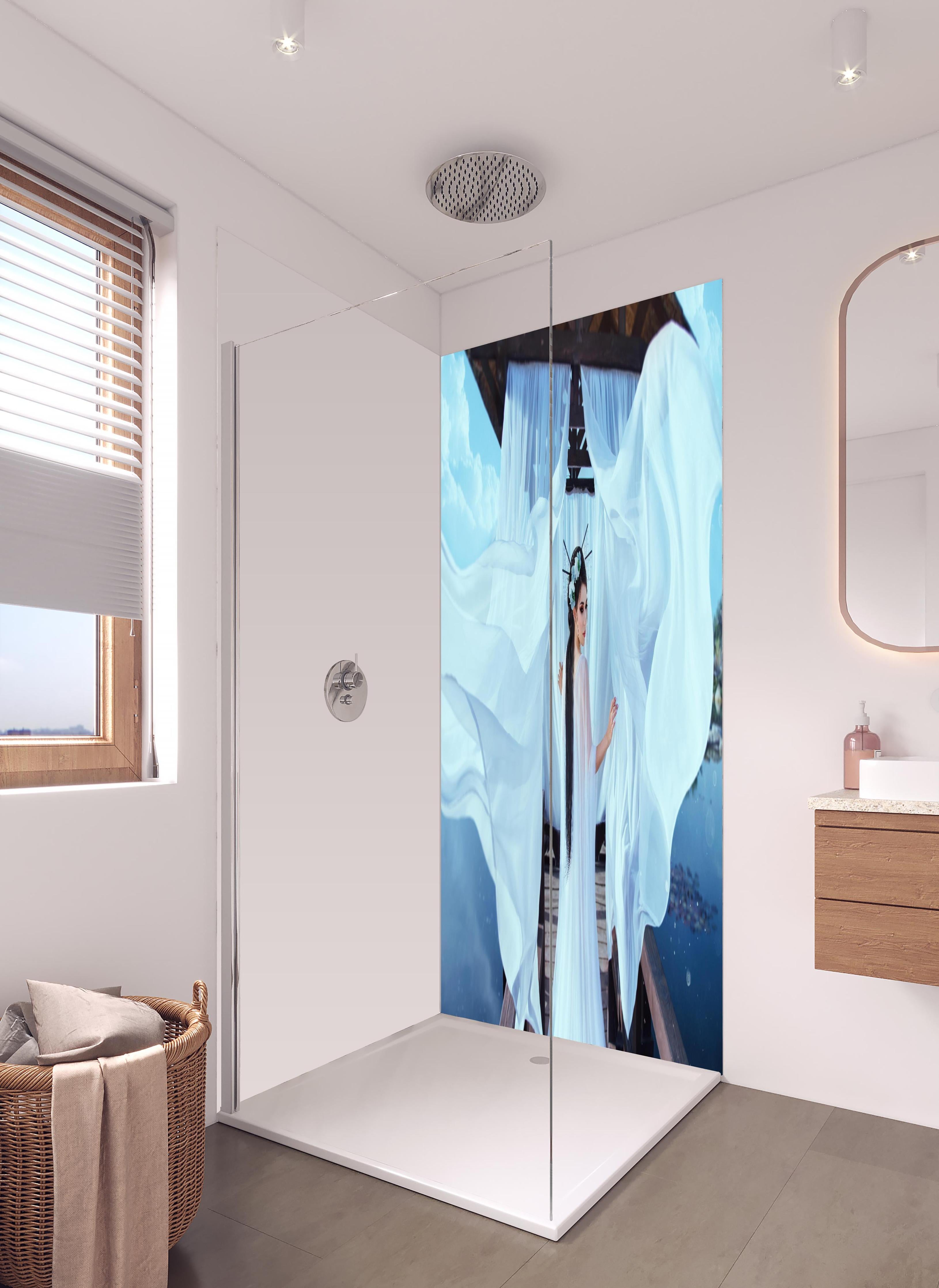 Duschrückwand - Reines Japanisches Porträt in hellem Badezimmer mit Regenduschkopf - zweiteilige Eck-Duschrückwand