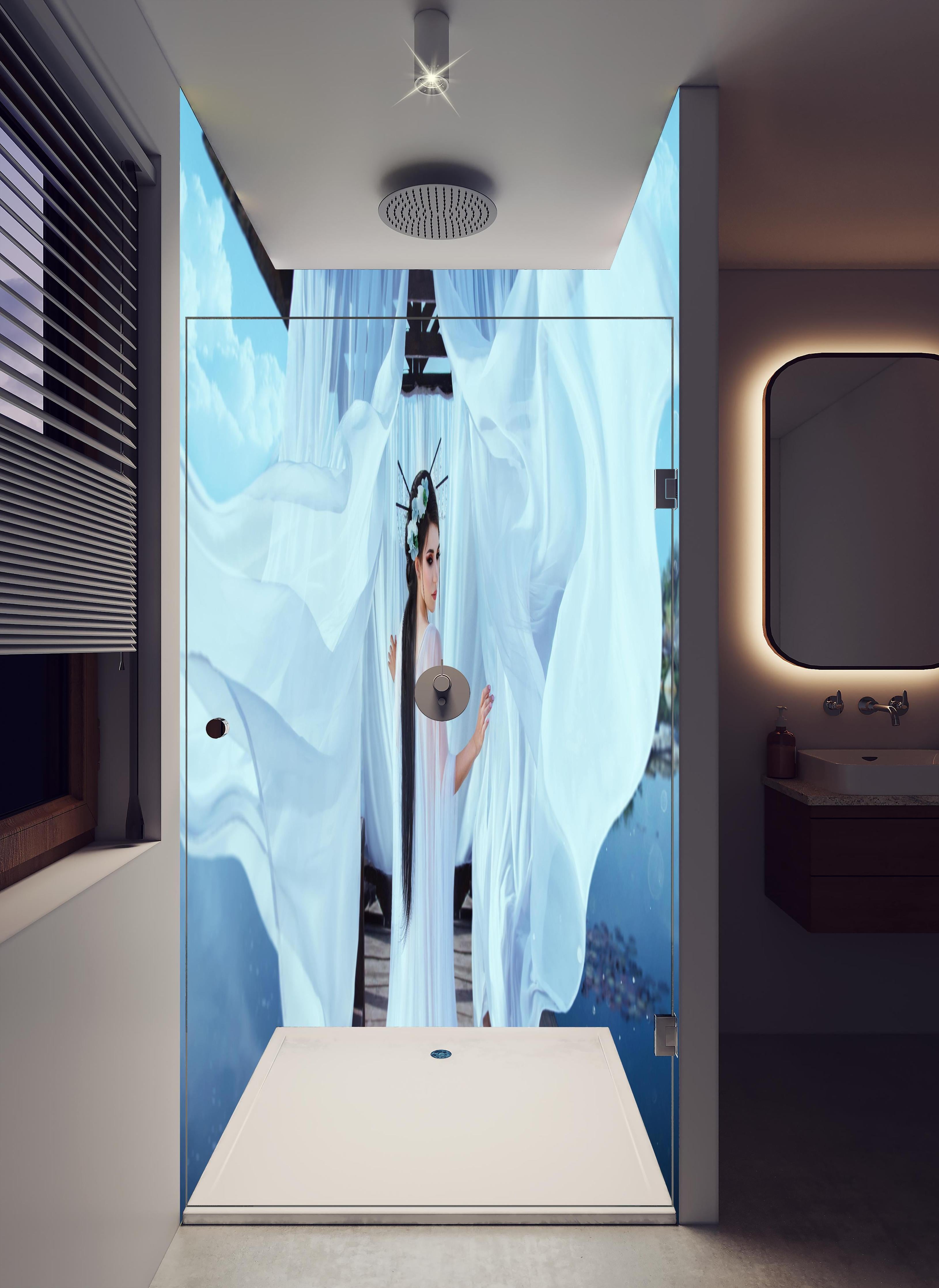 Duschrückwand - Reines Japanisches Porträt in hellem Badezimmer mit Regenduschkopf - zweiteilige Eck-Duschrückwand