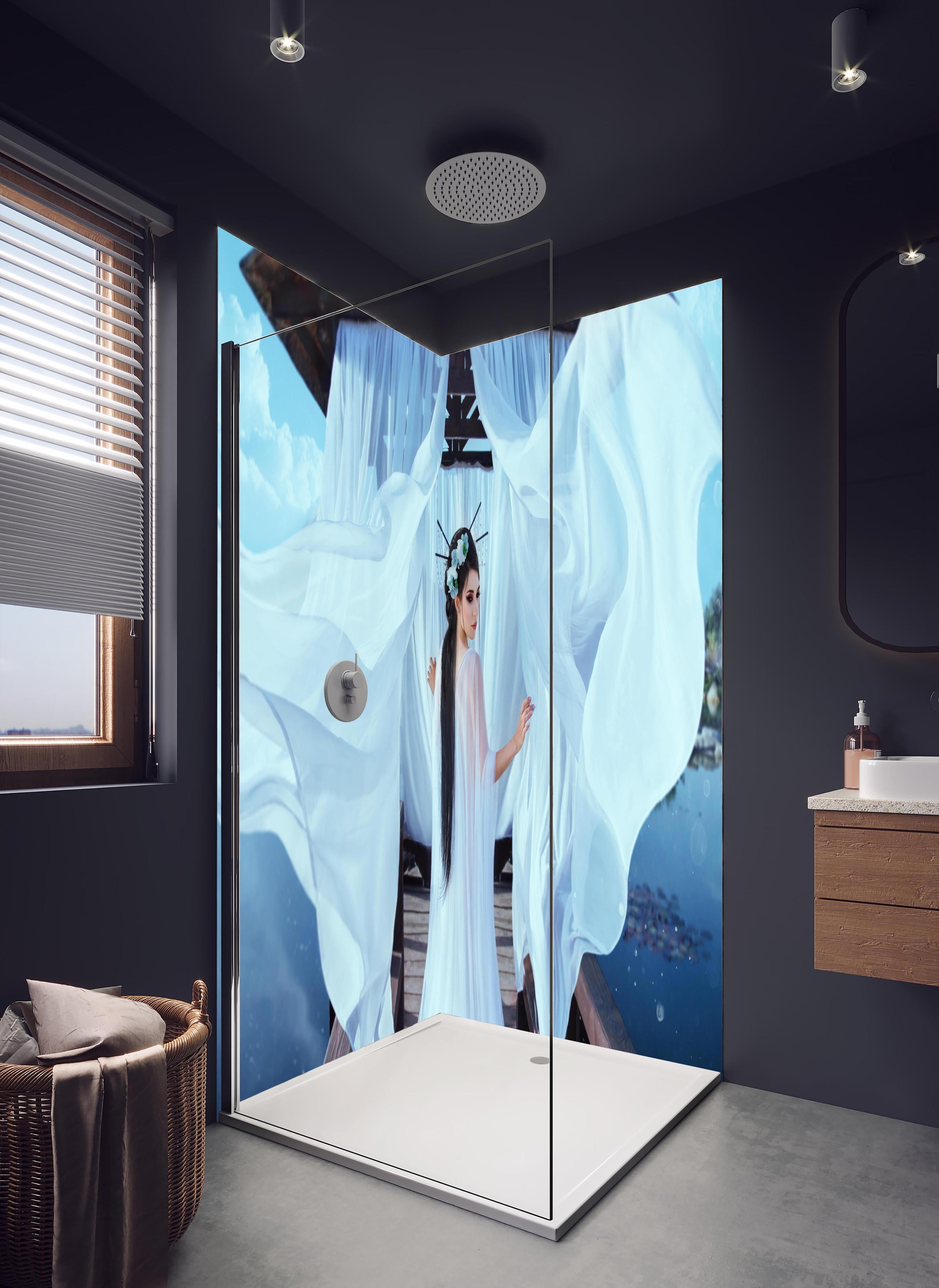 Duschrückwand - Reines Japanisches Porträt in hellem Badezimmer mit Regenduschkopf - zweiteilige Eck-Duschrückwand