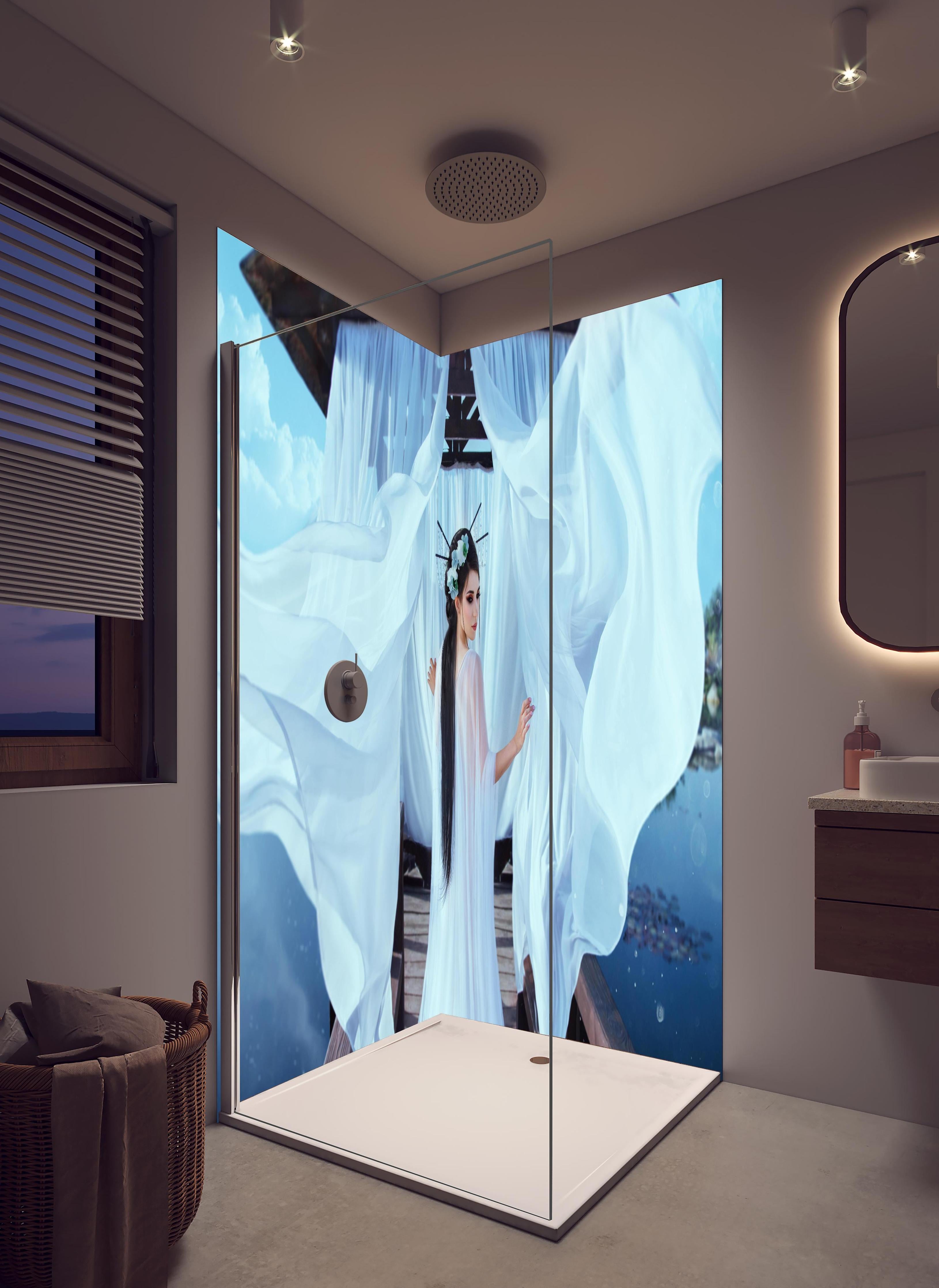 Duschrückwand - Reines Japanisches Porträt in hellem Badezimmer mit Regenduschkopf - zweiteilige Eck-Duschrückwand