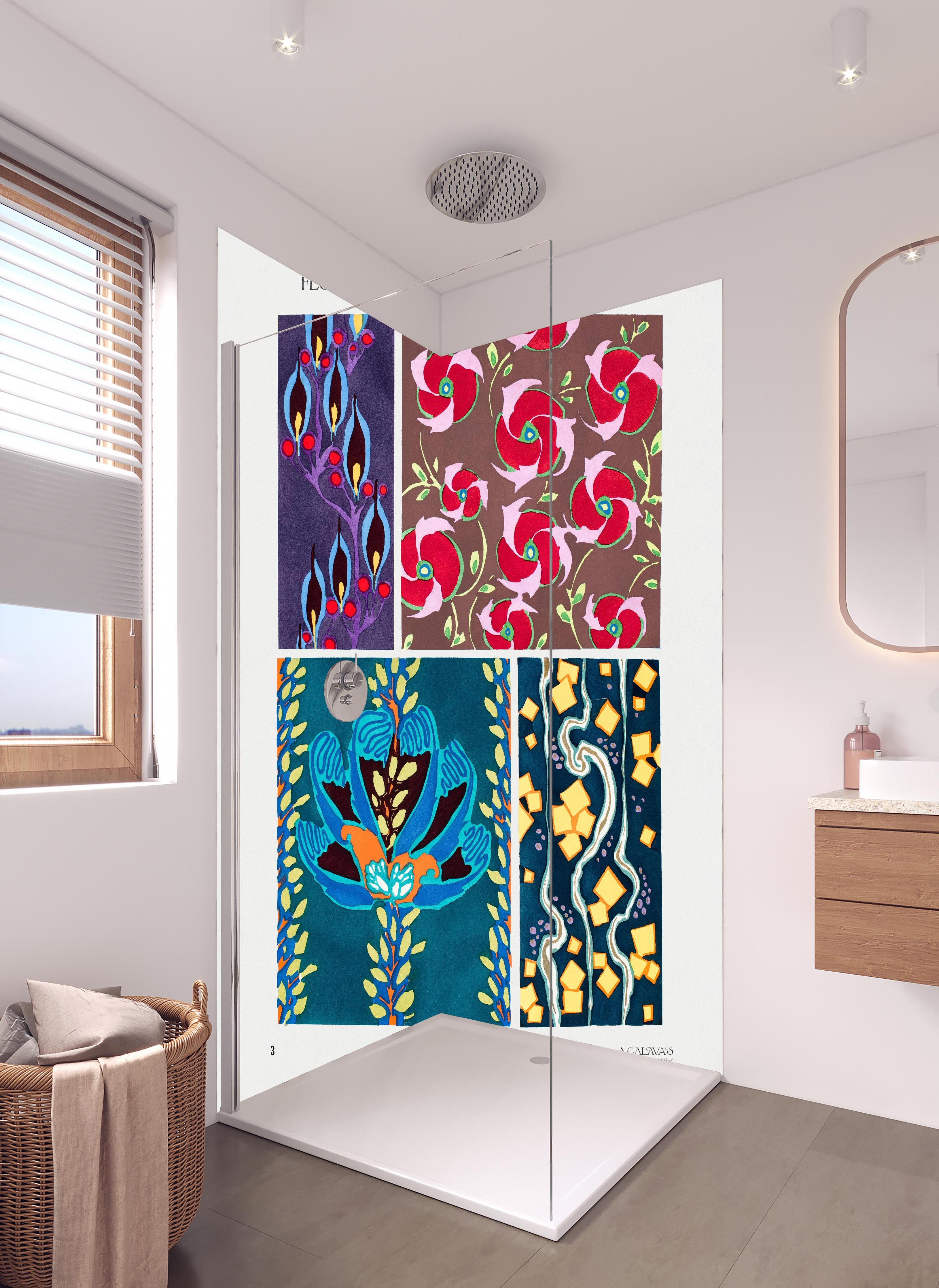 Duschrückwand - Retro-Blumenzeichnung von Meisterkünstler in hellem Badezimmer mit Regenduschkopf - zweiteilige Eck-Duschrückwand