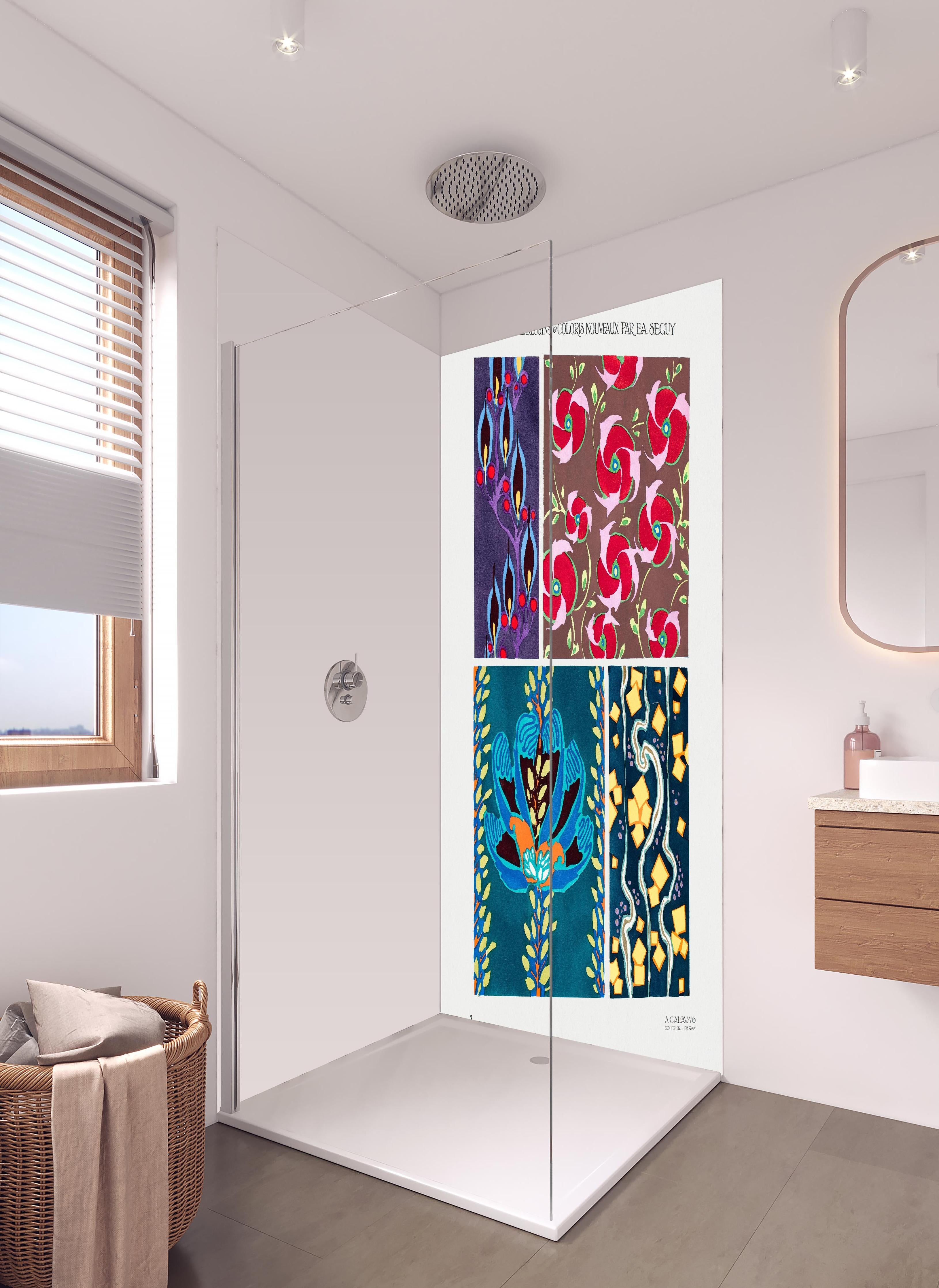 Duschrückwand - Retro-Blumenzeichnung von Meisterkünstler in hellem Badezimmer mit Regenduschkopf - zweiteilige Eck-Duschrückwand