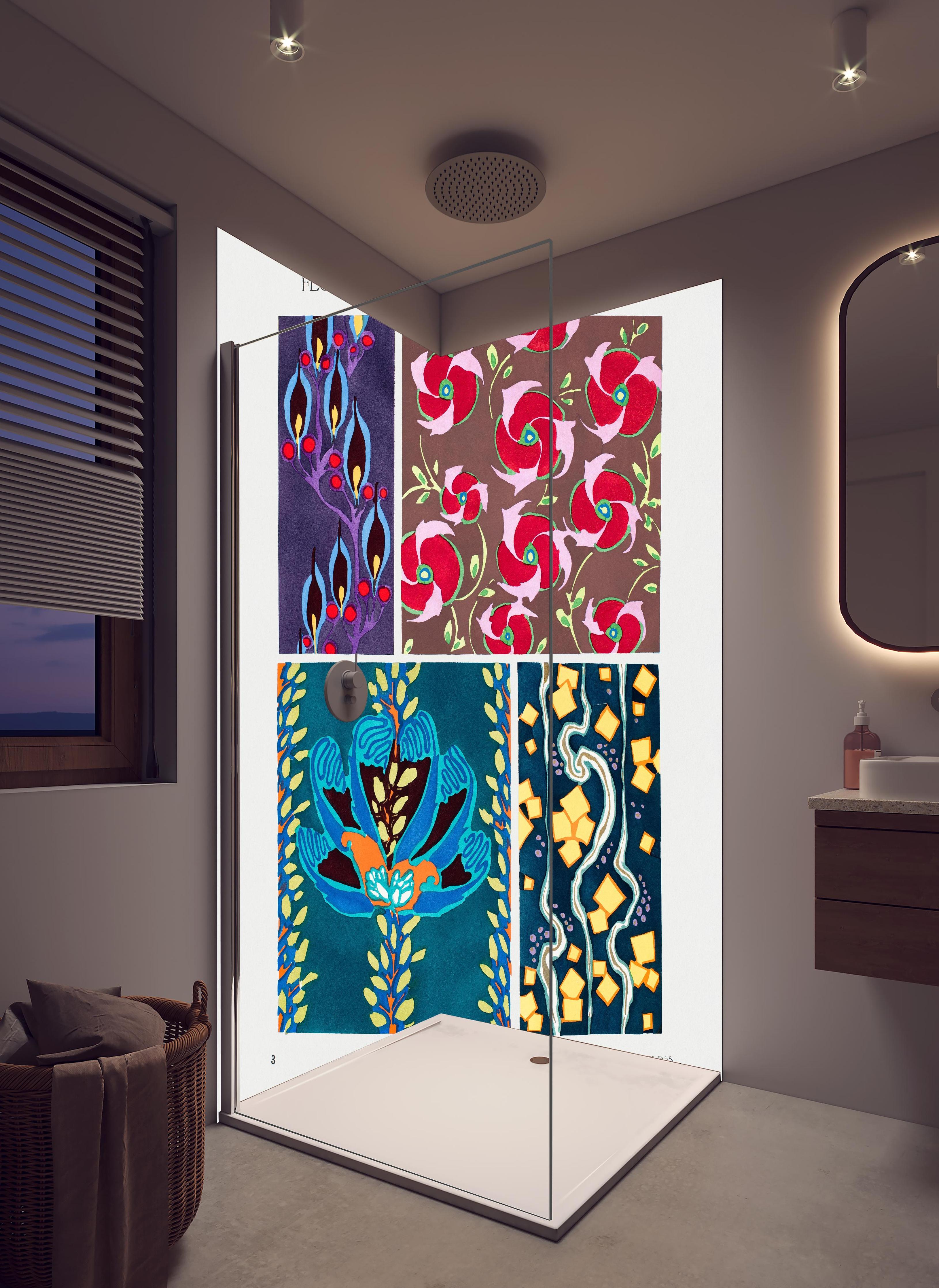 Duschrückwand - Retro-Blumenzeichnung von Meisterkünstler in hellem Badezimmer mit Regenduschkopf - zweiteilige Eck-Duschrückwand