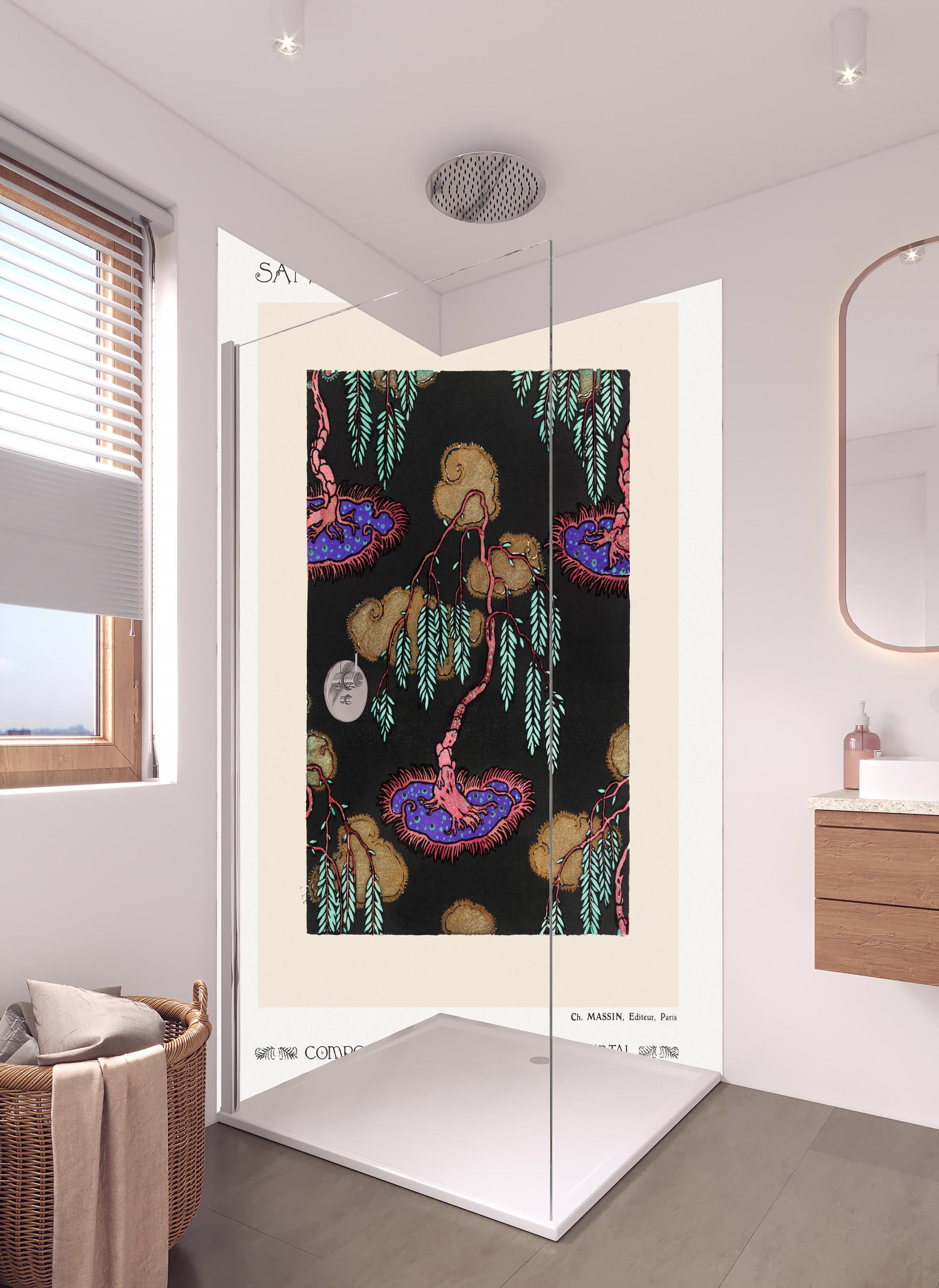 Duschrückwand - Retro Flora Zeichnung Meisterkünstler in hellem Badezimmer mit Regenduschkopf - zweiteilige Eck-Duschrückwand