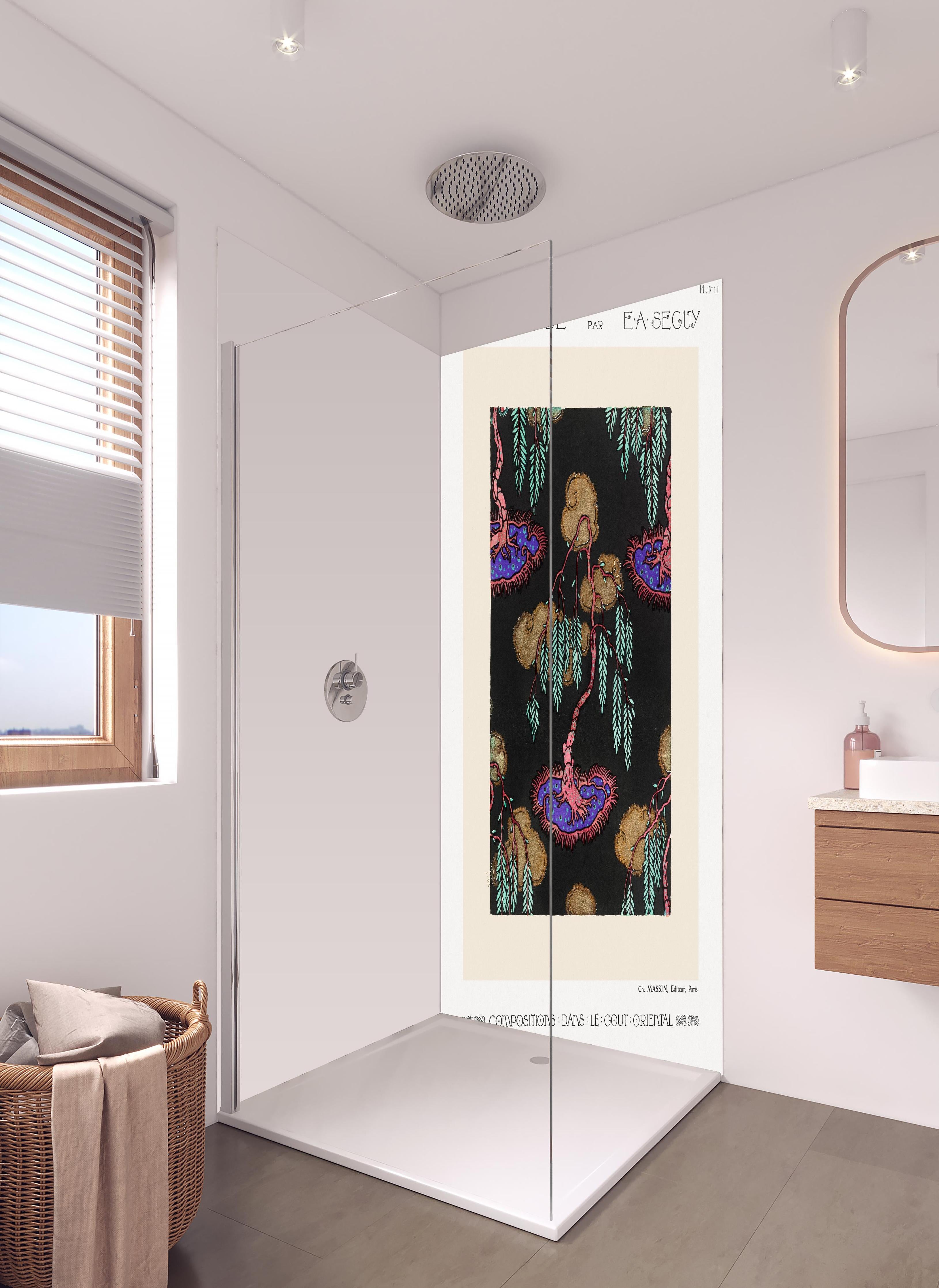 Duschrückwand - Retro Flora Zeichnung Meisterkünstler in hellem Badezimmer mit Regenduschkopf - zweiteilige Eck-Duschrückwand