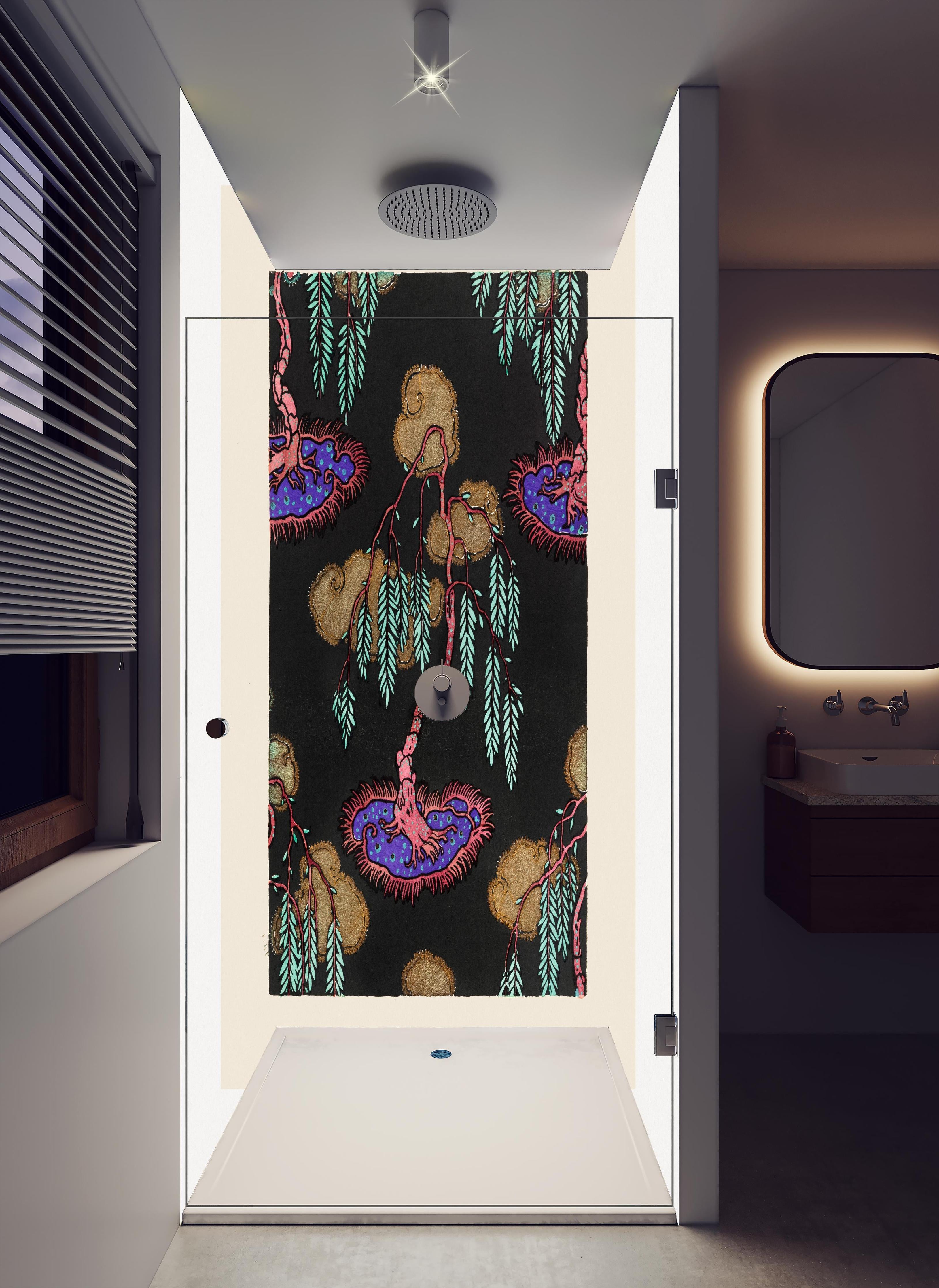 Duschrückwand - Retro Flora Zeichnung Meisterkünstler in hellem Badezimmer mit Regenduschkopf - zweiteilige Eck-Duschrückwand