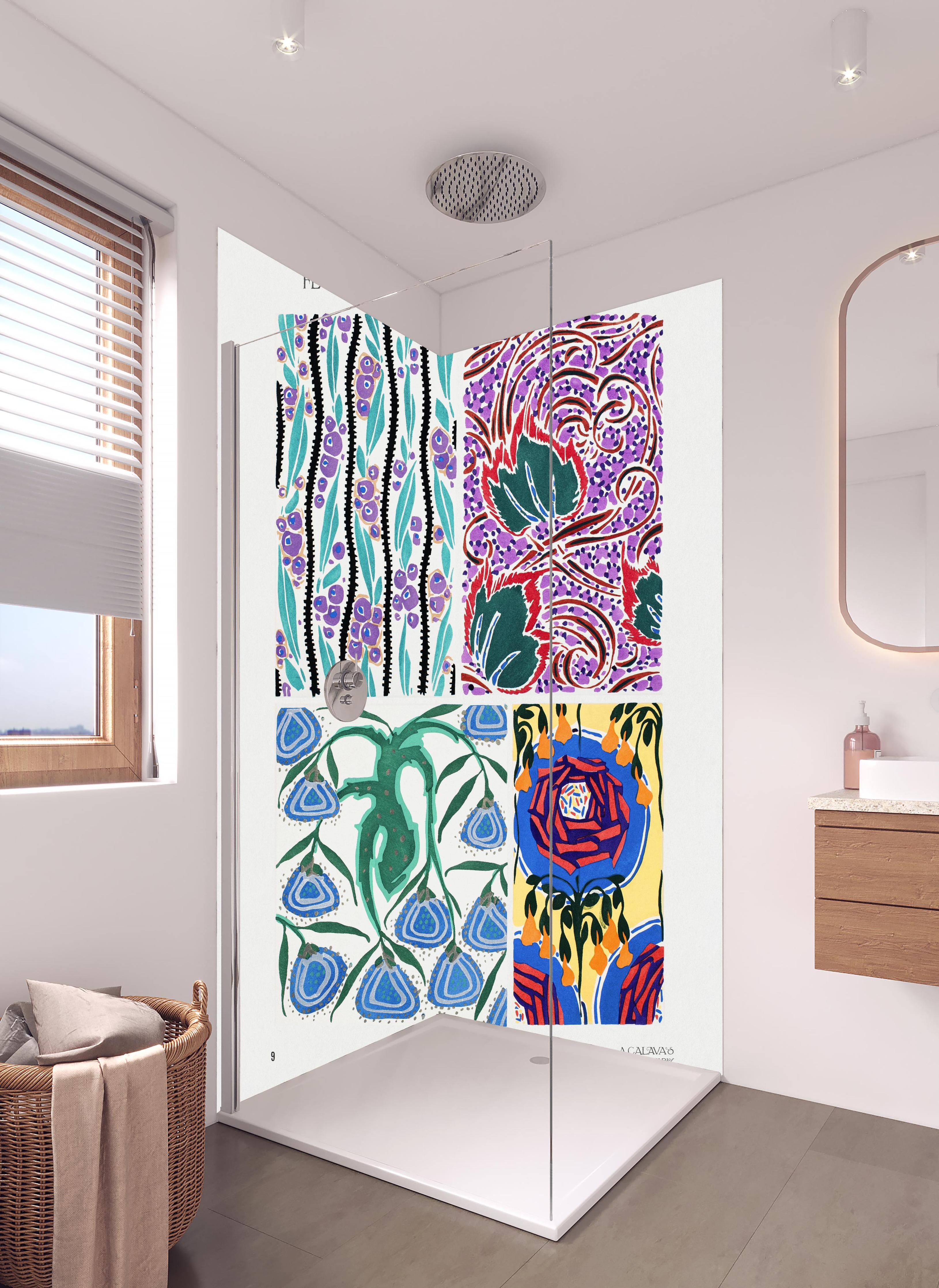 Duschrückwand - Retro Floral Kunstposter von Meister Seguy in hellem Badezimmer mit Regenduschkopf - zweiteilige Eck-Duschrückwand