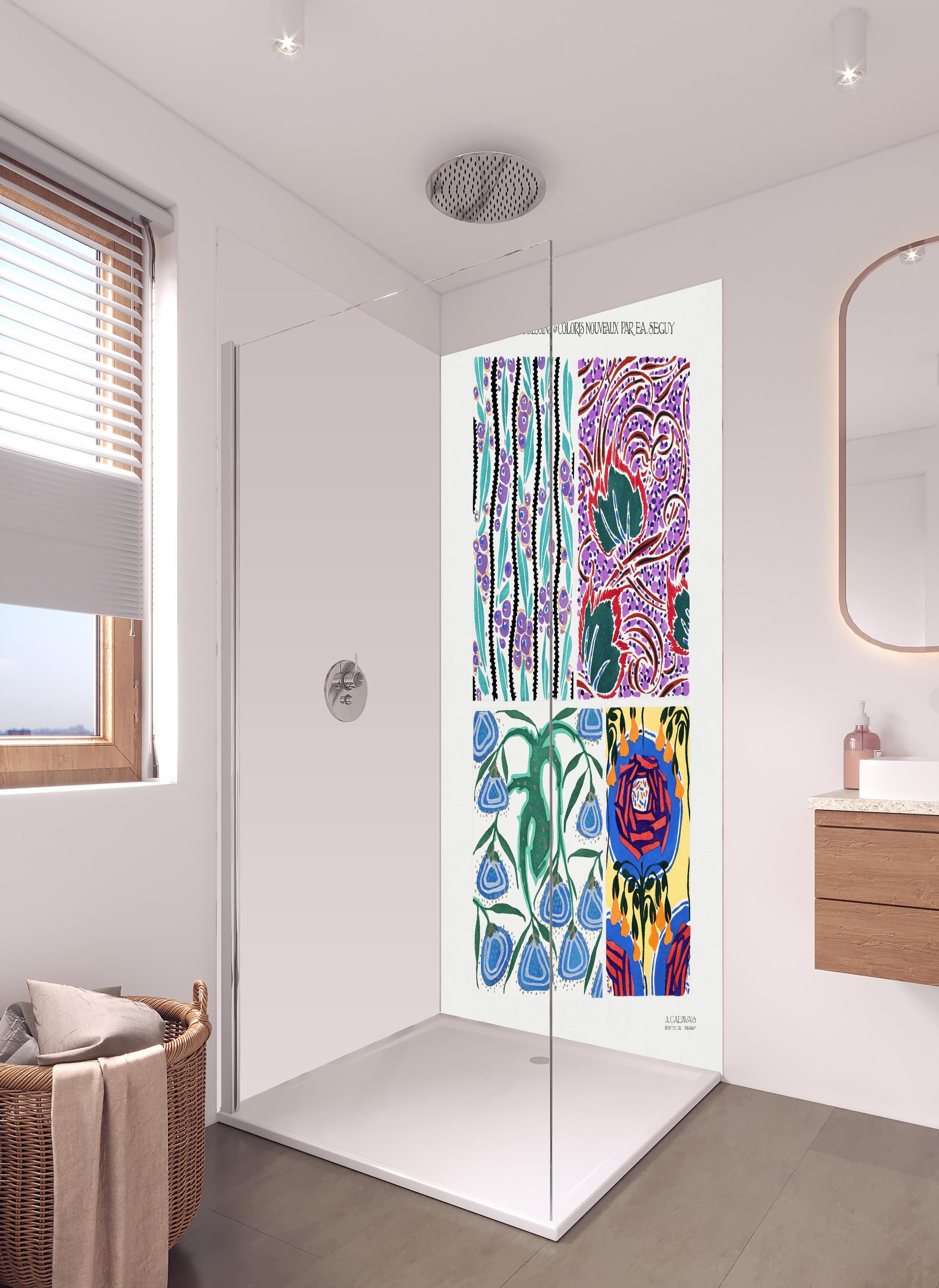 Duschrückwand - Retro Floral Kunstposter von Meister Seguy in hellem Badezimmer mit Regenduschkopf - zweiteilige Eck-Duschrückwand