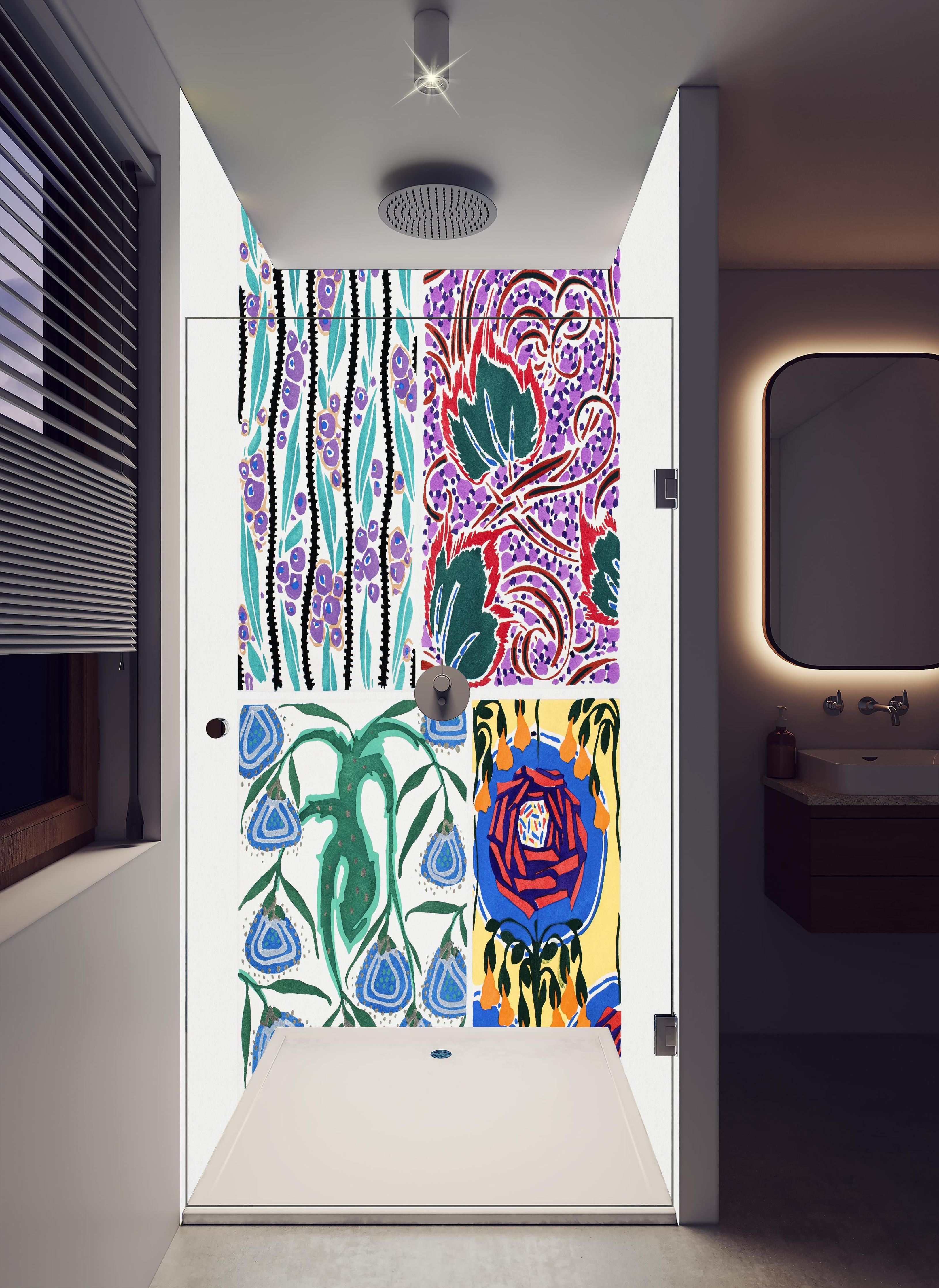 Duschrückwand - Retro Floral Kunstposter von Meister Seguy in hellem Badezimmer mit Regenduschkopf - zweiteilige Eck-Duschrückwand