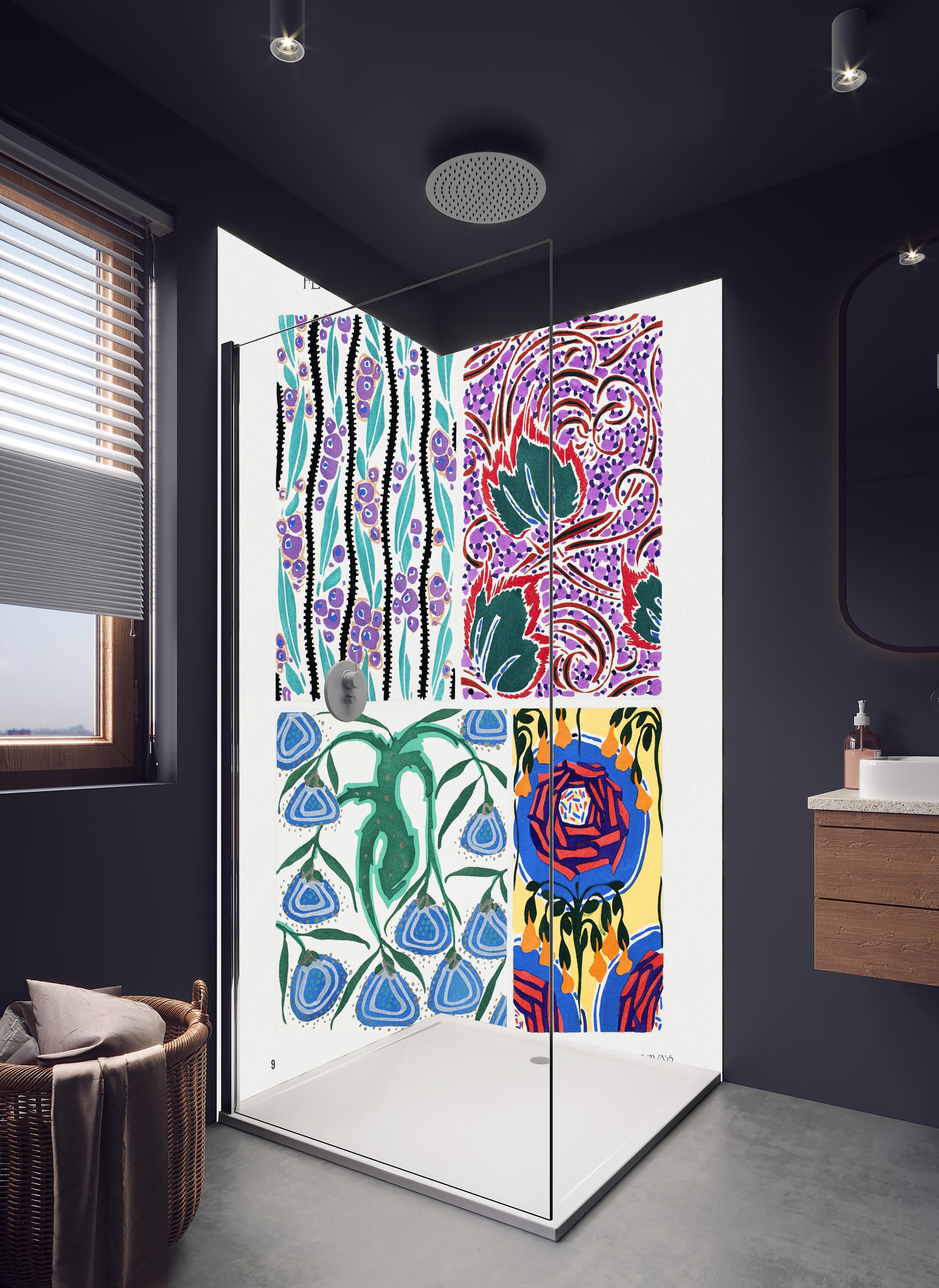 Duschrückwand - Retro Floral Kunstposter von Meister Seguy in hellem Badezimmer mit Regenduschkopf - zweiteilige Eck-Duschrückwand