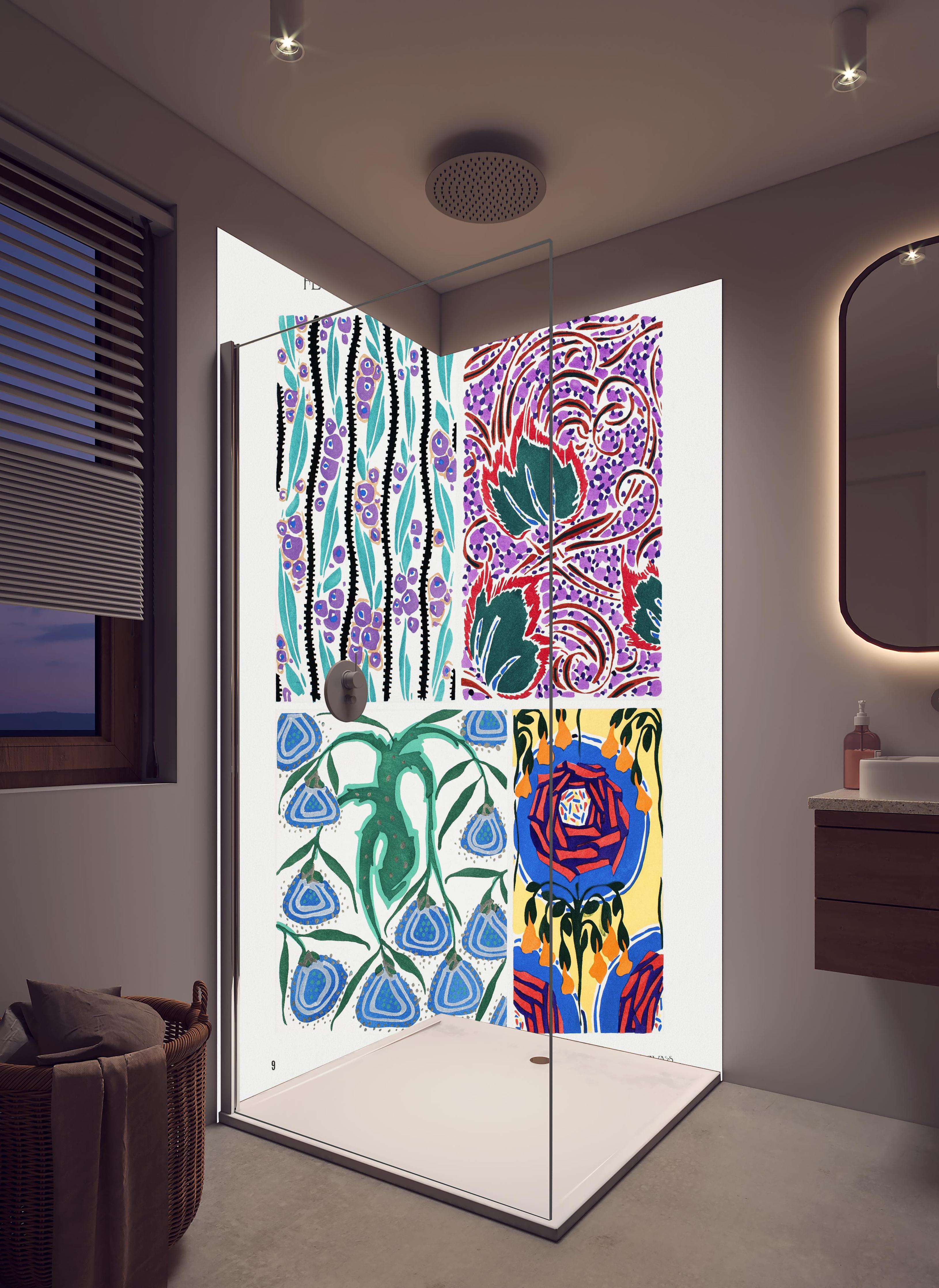 Duschrückwand - Retro Floral Kunstposter von Meister Seguy in hellem Badezimmer mit Regenduschkopf - zweiteilige Eck-Duschrückwand